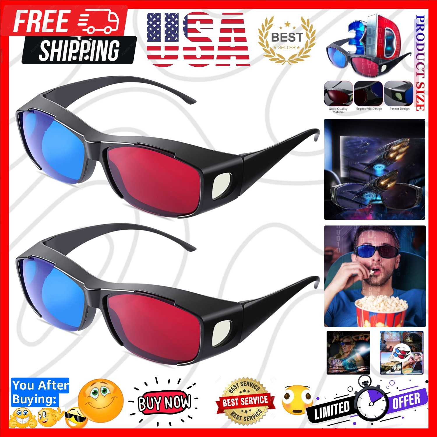 2 Pieces 3D Movie Game Glasses Red Blue 3D Viewing Glasses for Movies Games, ...