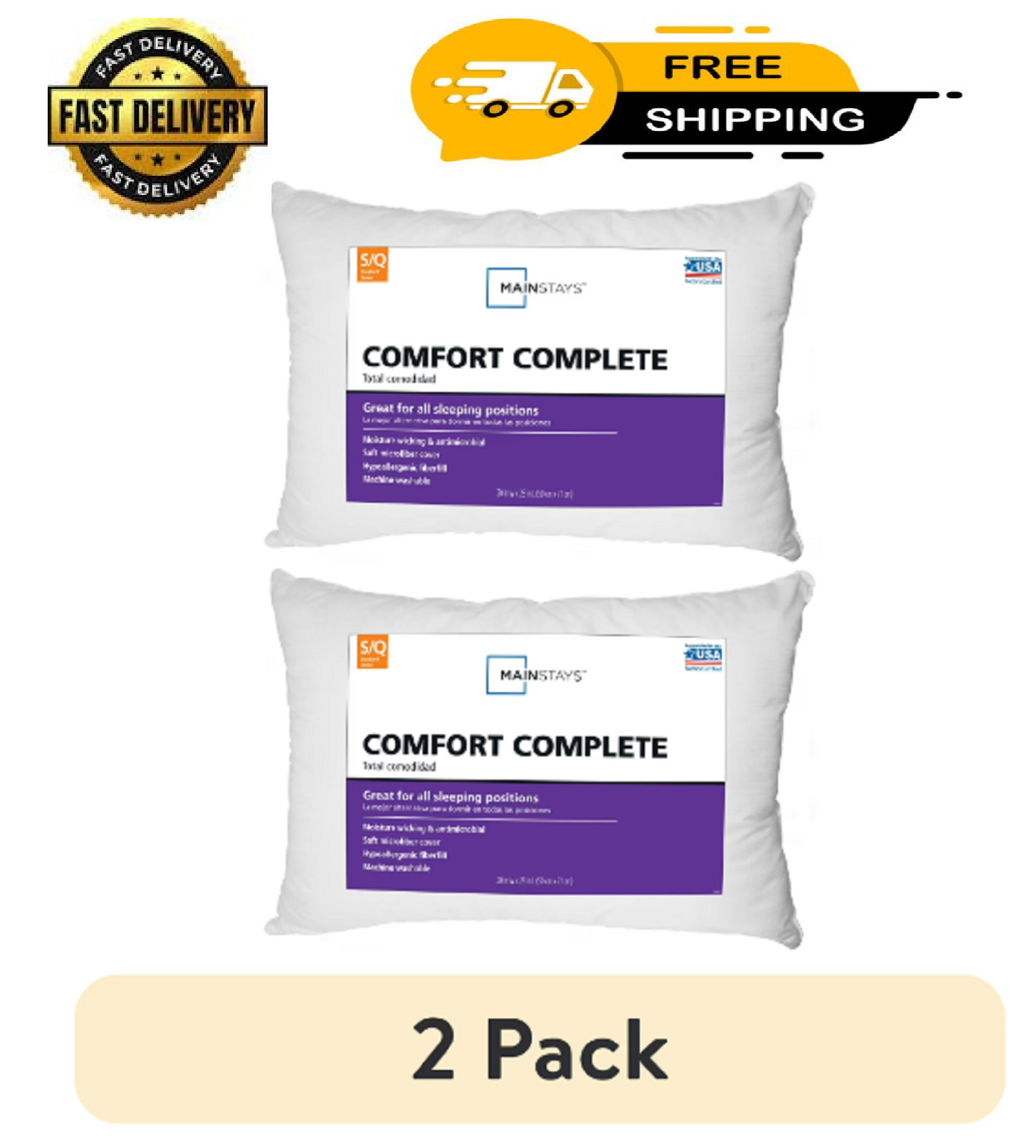Mainstays Comfort Complete Bed Pillow, Standard/Queen (2 pack)