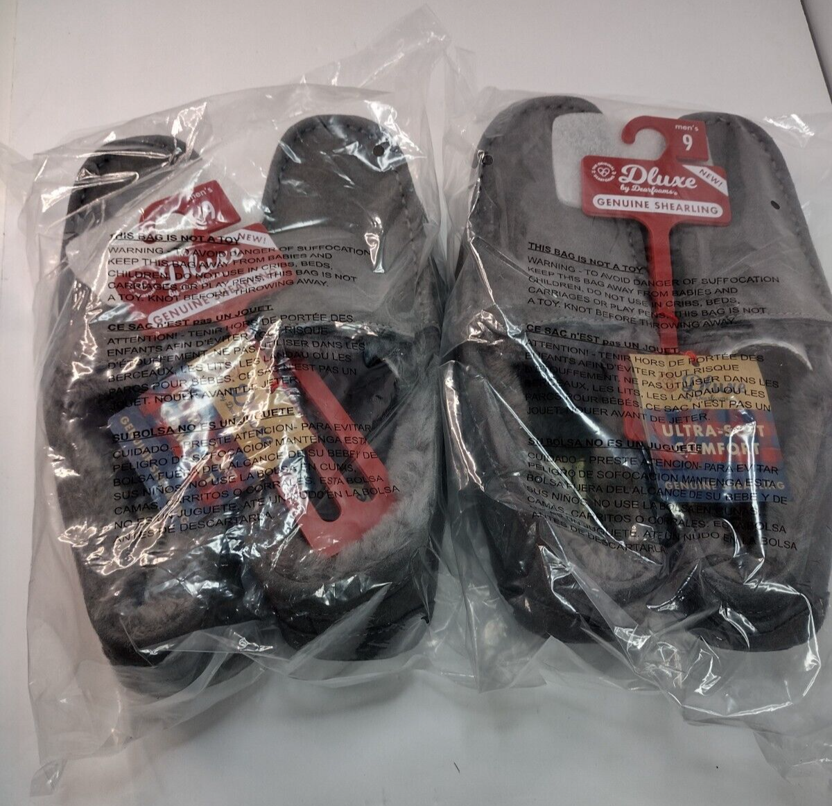 2 Pairs Men's dluxe by dearfoams Genuine Shearling Moccasin Slippers Size 9 Gray