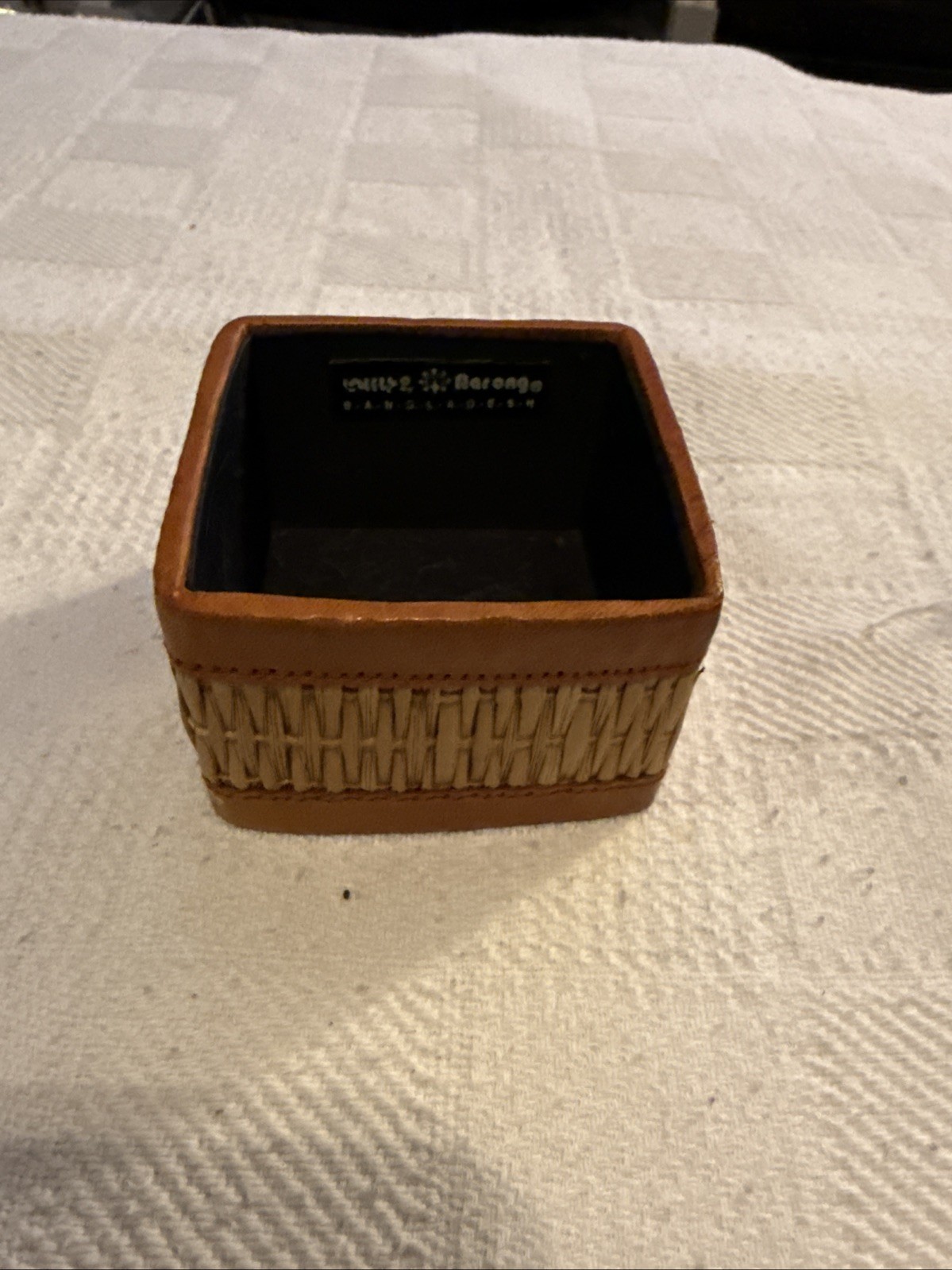 Aaron’s Basket from Bangladesh tan leather trim fully lined with black nylon...