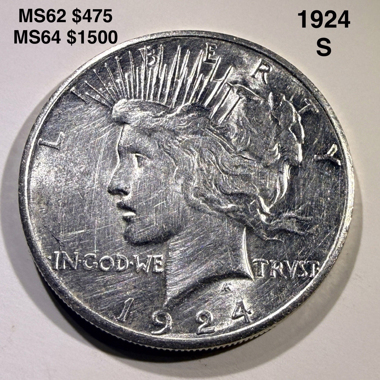 Nice Luster 1924 S PEACE DOLLAR UNC MS DETAILS (cleaned) NICE STRIKE
