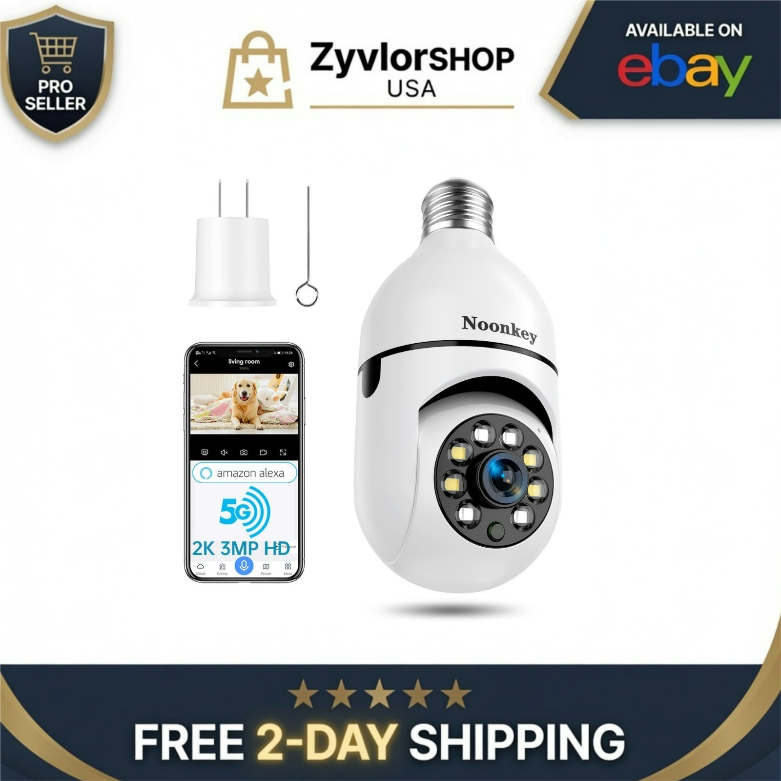 Noonkey 2K/3MP Light Bulb Security Camera, WiFi 360° Outdoor IP Camera