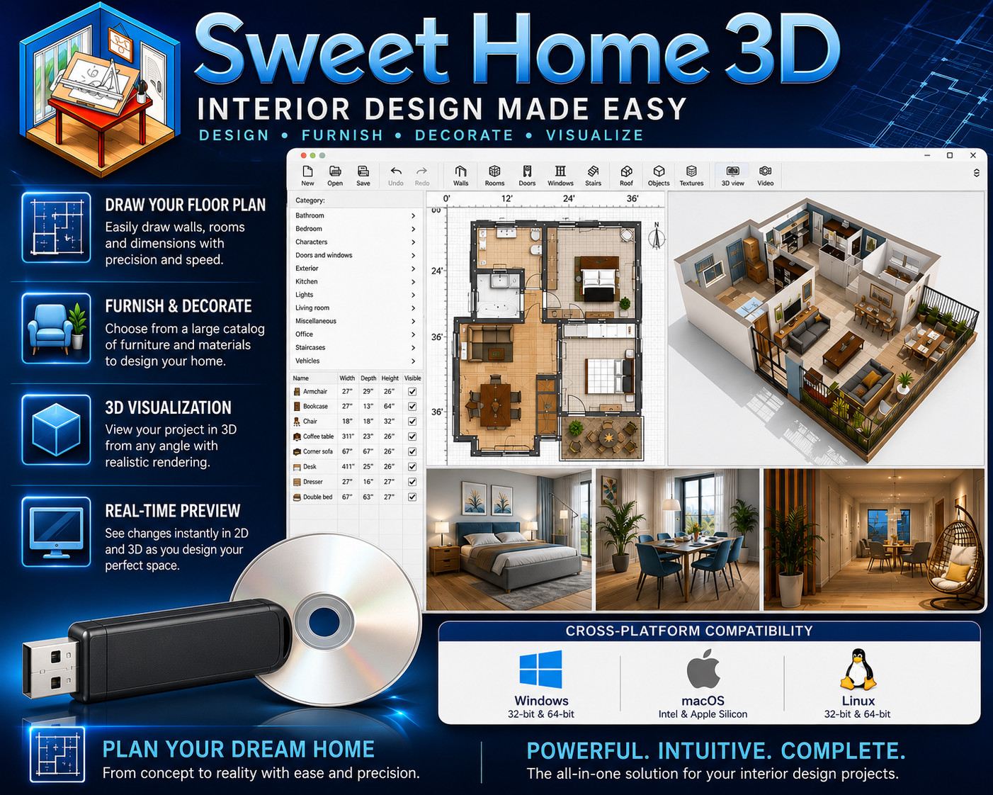 Sweet Home 3D | Interior Design Floor Plan Render | Win Mac Linux