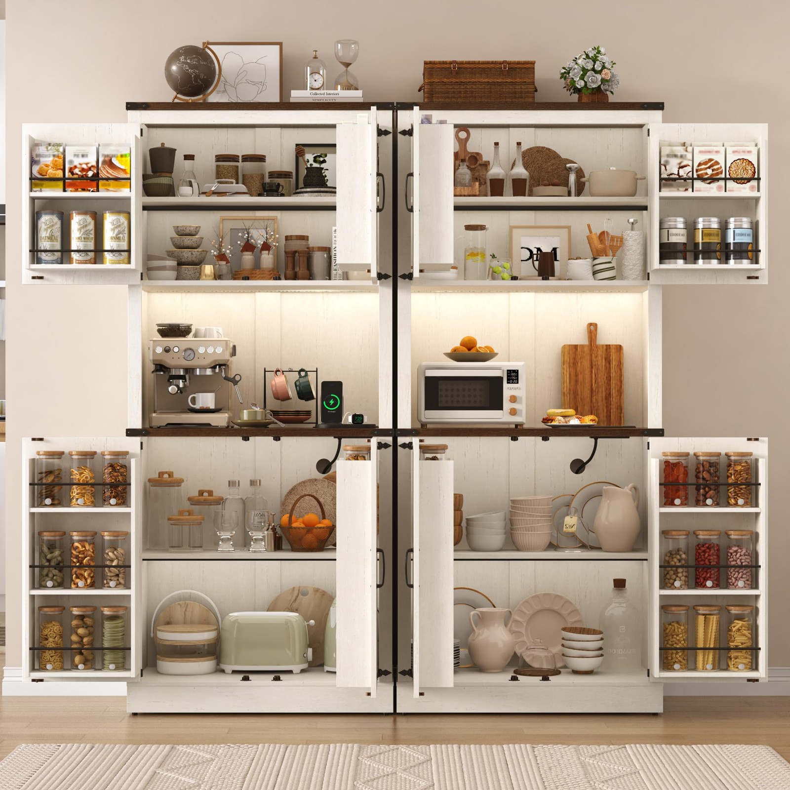 72" Farmhouse Pantry Cabinet LED Light Outlet Steel Pipe Barn Door White 2PC