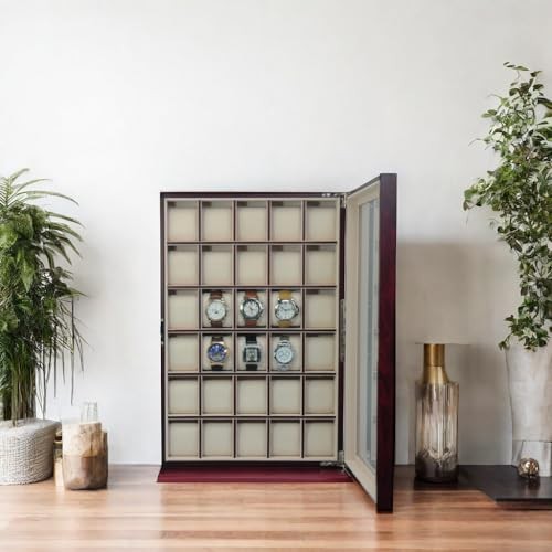 TIMELYBUYS 30 Piece Cherry Wood Watch Display Wall Case