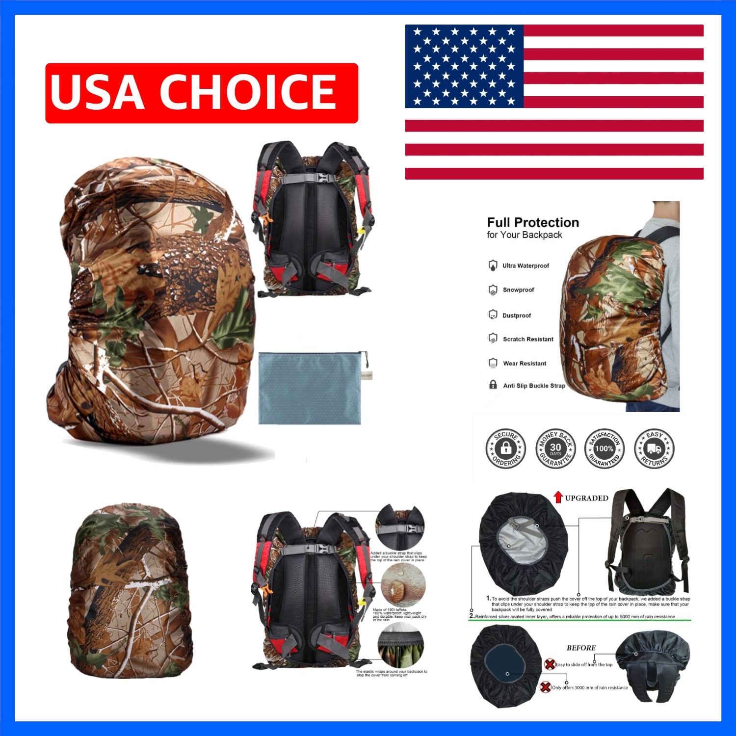 Waterproof Backpack Rain Cover with Anti Slip Buckle Strap for Camping, Hikin...