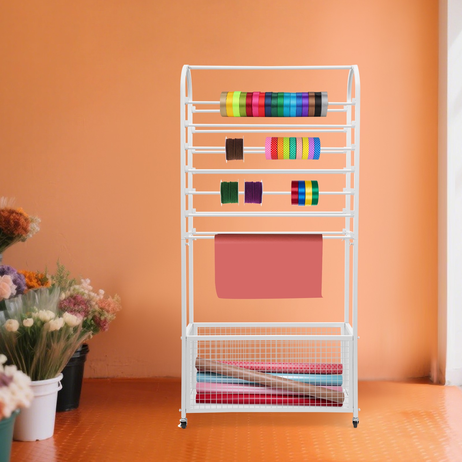 Double-Sided Ribbon Holder, White Ribbon Organizer, Ribbon Storage Display Rack