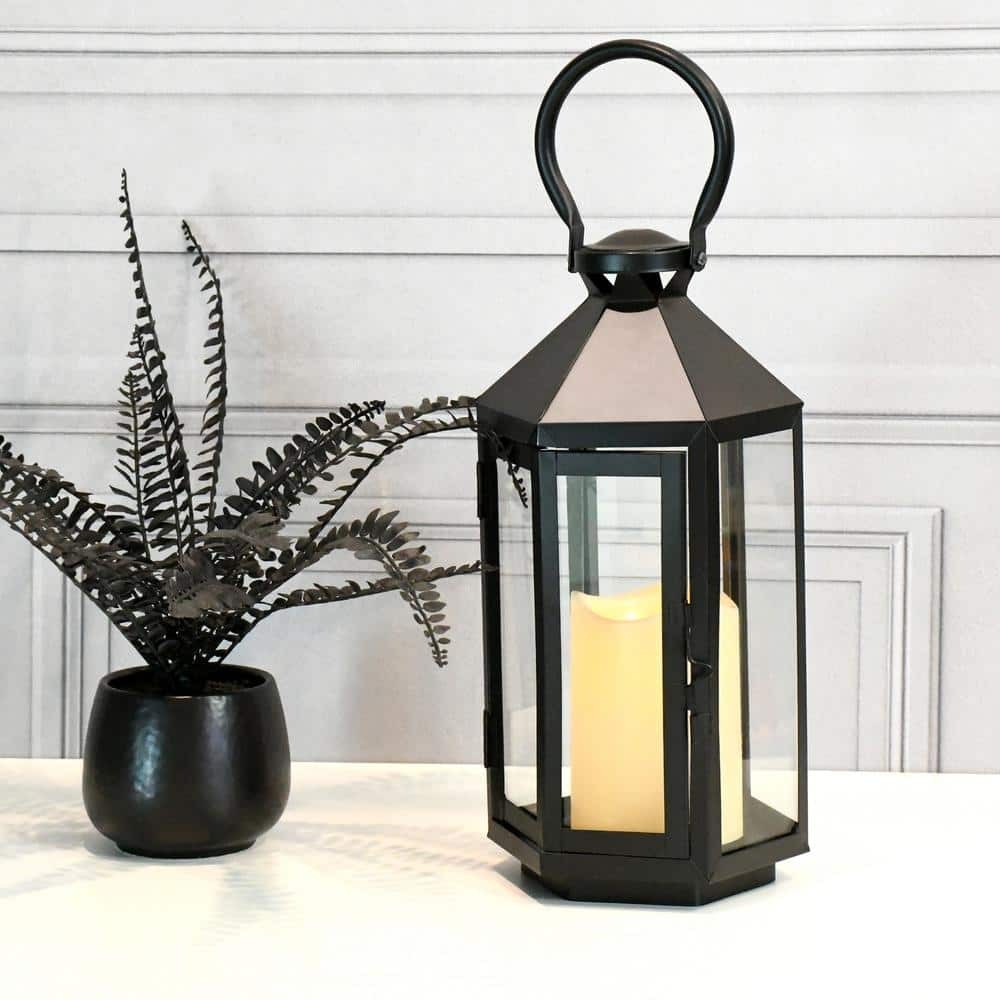 6 In. X 12 In. Hexagon Metal Lantern with LED Candle