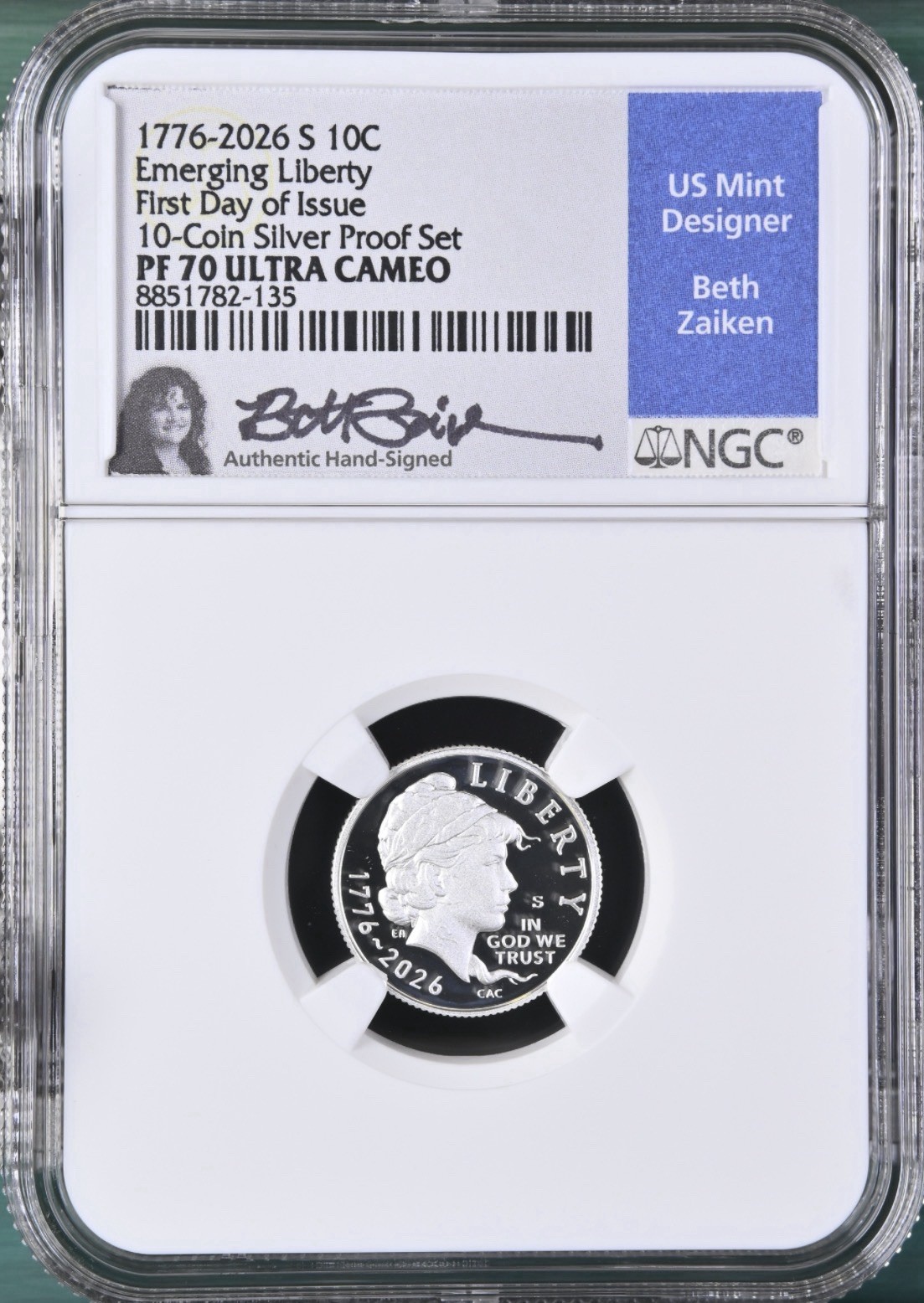 2026 S Emerging Liberty Silver Proof 10C NGC PF 70 UCAM FDOI ZAIKEN SIGNED LABEL