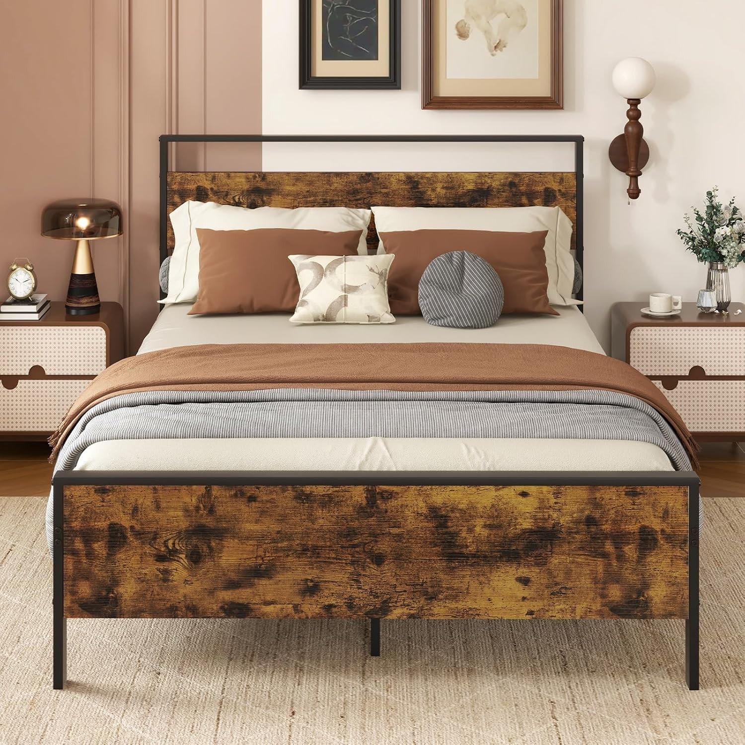 Full Size Metal Platform Bed Frame with Wooden Headboard & Footboard Industrial
