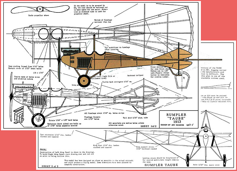 R&N Model Airplane Plans (FF): 1913 Rumpler 'Taube' 25" 1/16 Scale Rubber-Pw'ed