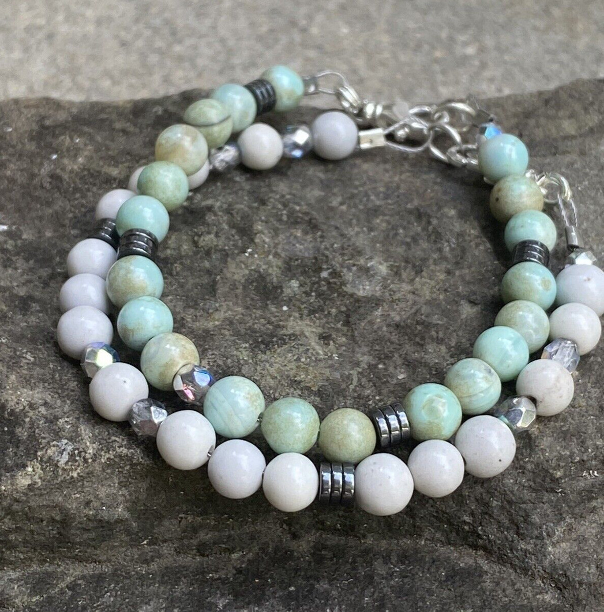 Beaded Bracelet set of 2 White feldspar and Teal Agate 6mm Gemstone Bracelet