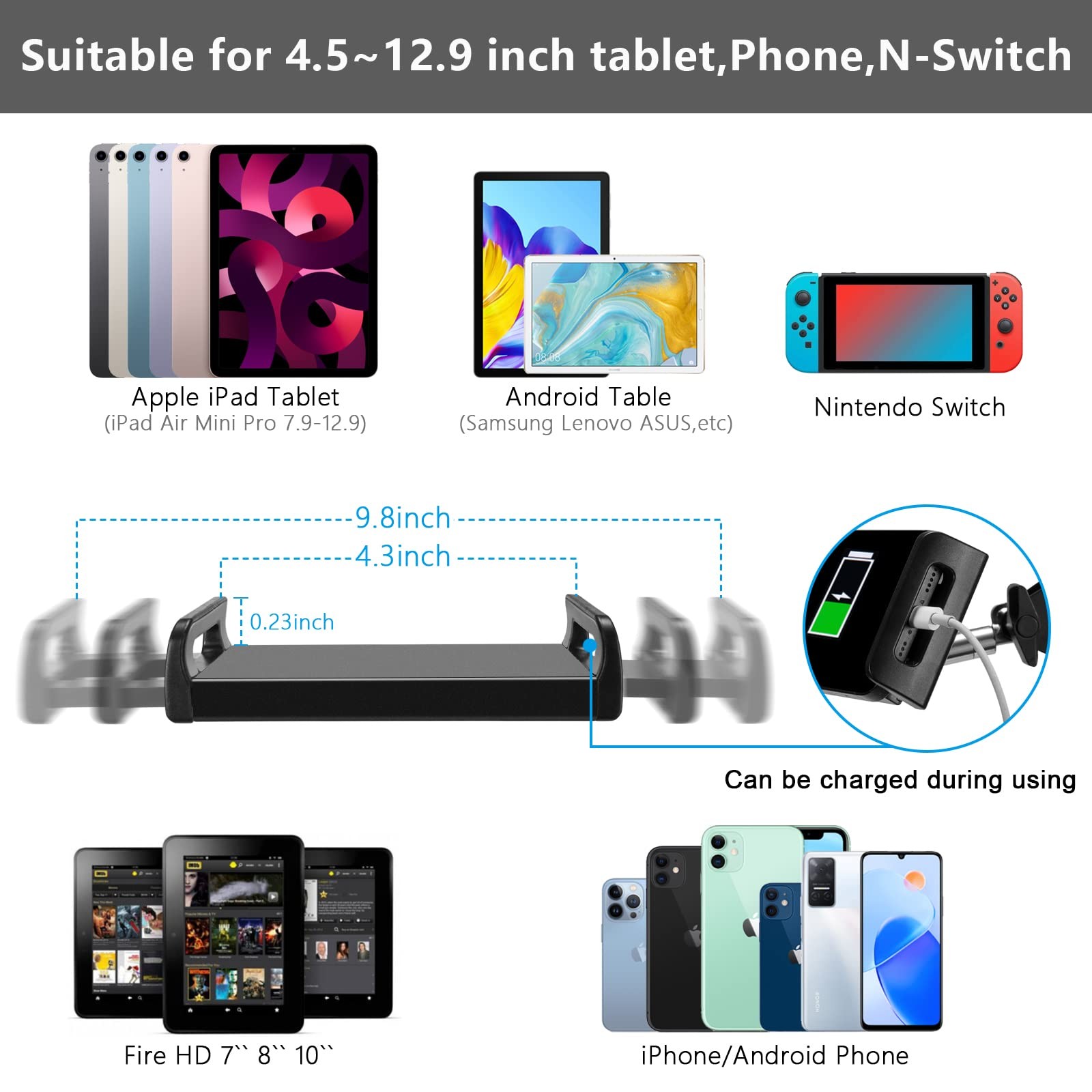 Tablet Floor Stand, Adjustable Universal 360-degree Rotatable Metal Tablet Ho...