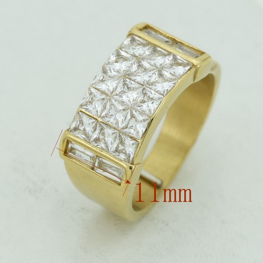 Men's Stainless Steel Brilliant CZ Square 11mm Ring 7 -11 12 Gold Plated BOX