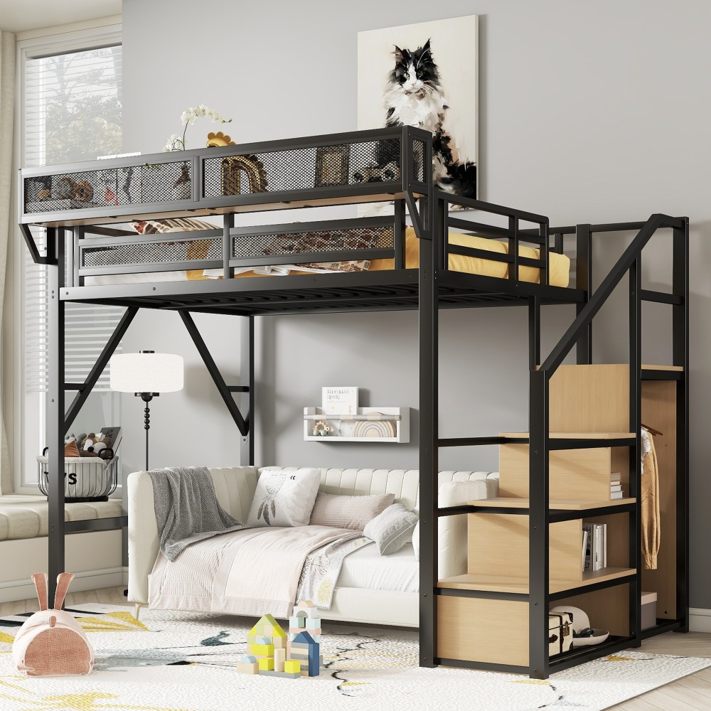 Loft Bed w/ Staircase, Shelves & Wardrobe for Kids, Teens, Black
