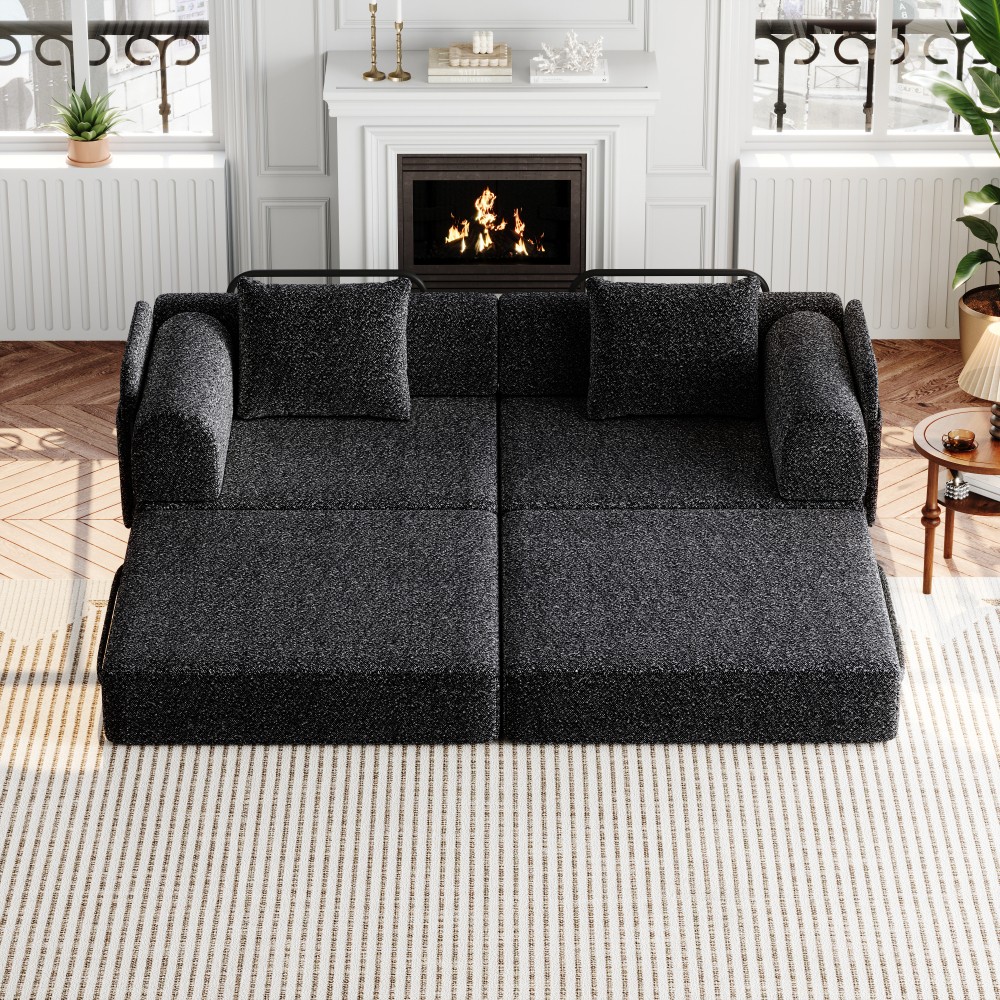 72.4" Convertible Sofa Bed w/ Storage Pockets, Black Chenille Fabric