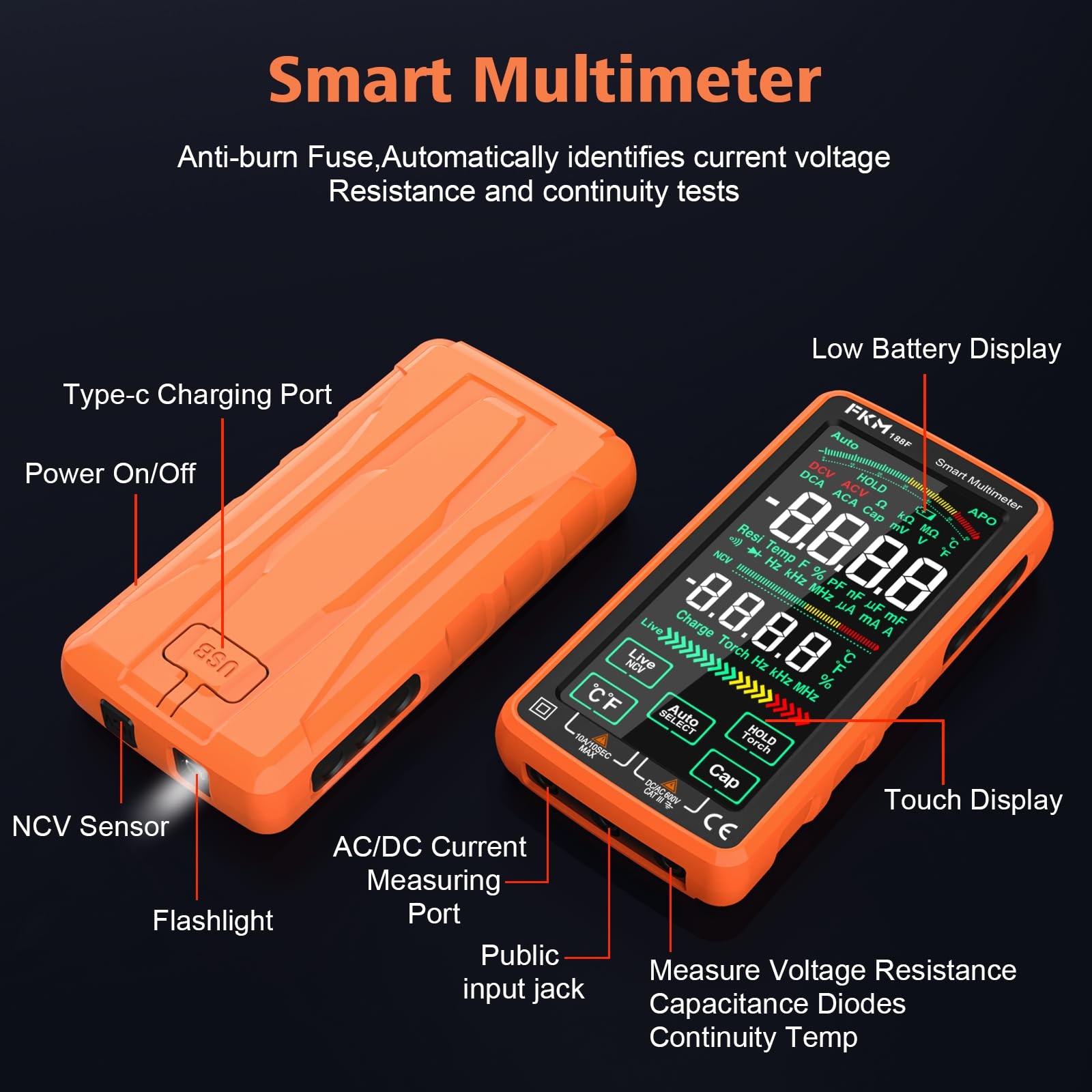 FKM Pro Digital Multimeter Tester,Compact & Rechargeable 6000 Counts, orange