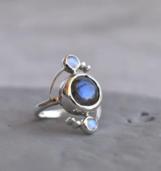 Moonstone & Labrador Ring Solid 925 Silver Handmade Women Ring All Size SR273