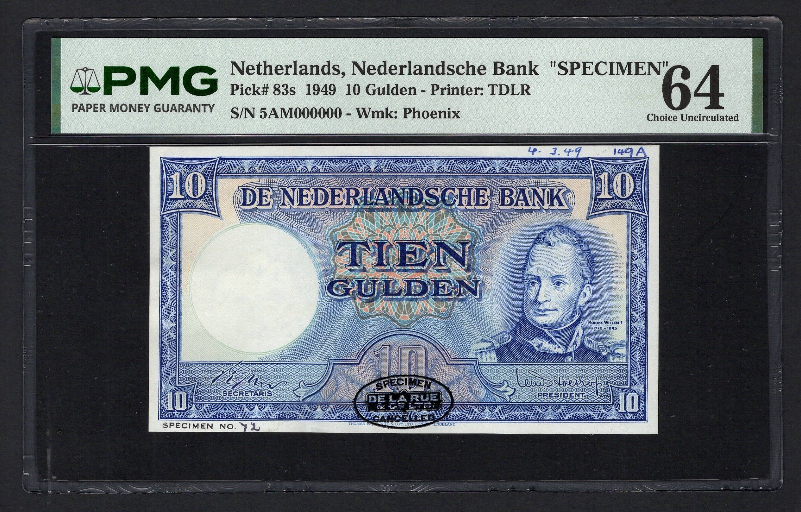 Netherlands 10 Gulden 1949 P83s "Specimen" Uncirculated Grade 64