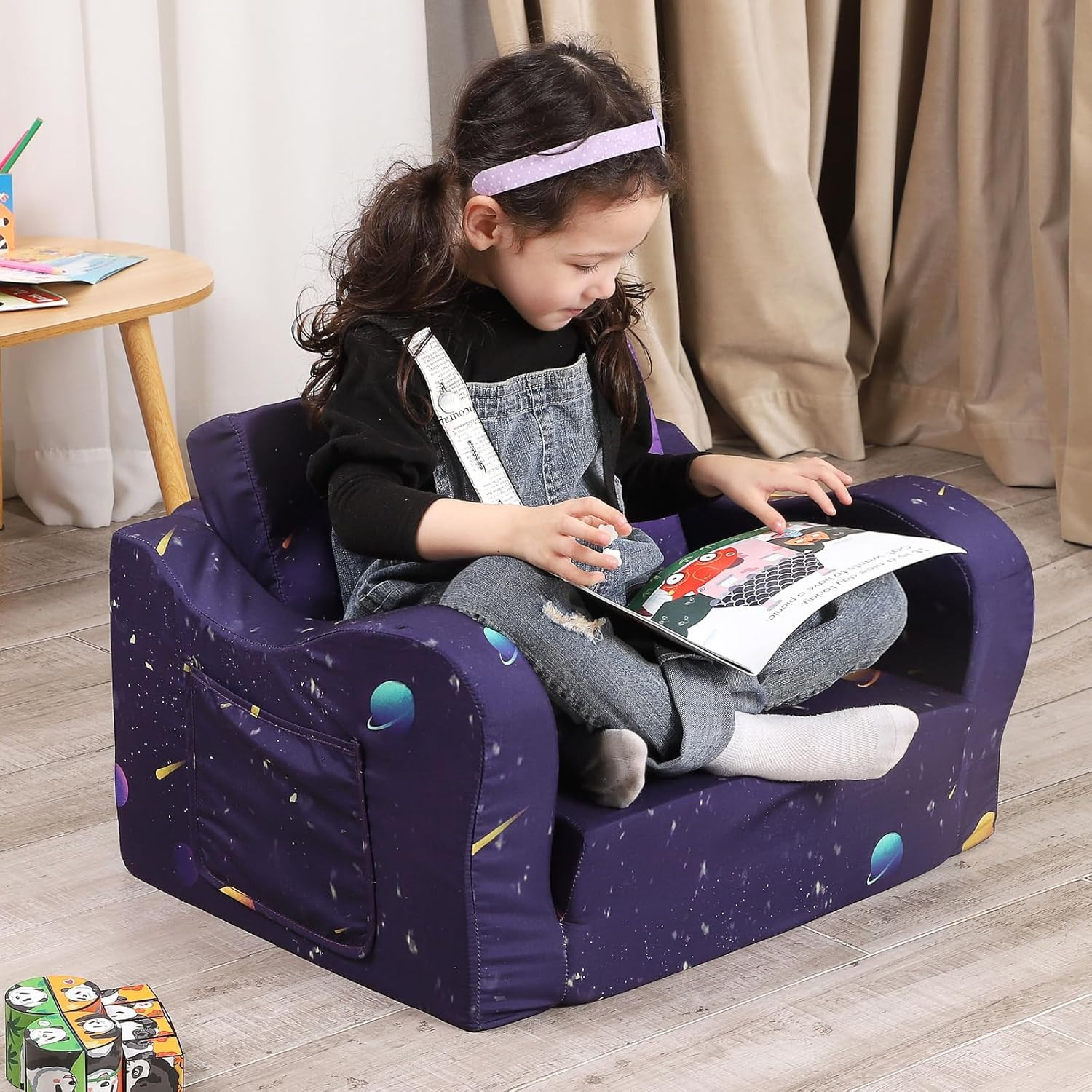 Kids Sofa, 2-In-1 Flip-Out Foam Couch, Foldable Soft Play Lounge Chair, Dark Pur