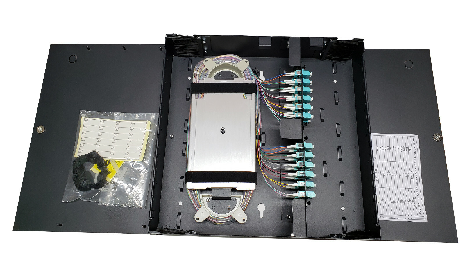 48 Fiber Wall Mount w/ 24 LC Adapters, Multimode OM3 Pigtails & Two Splice Trays