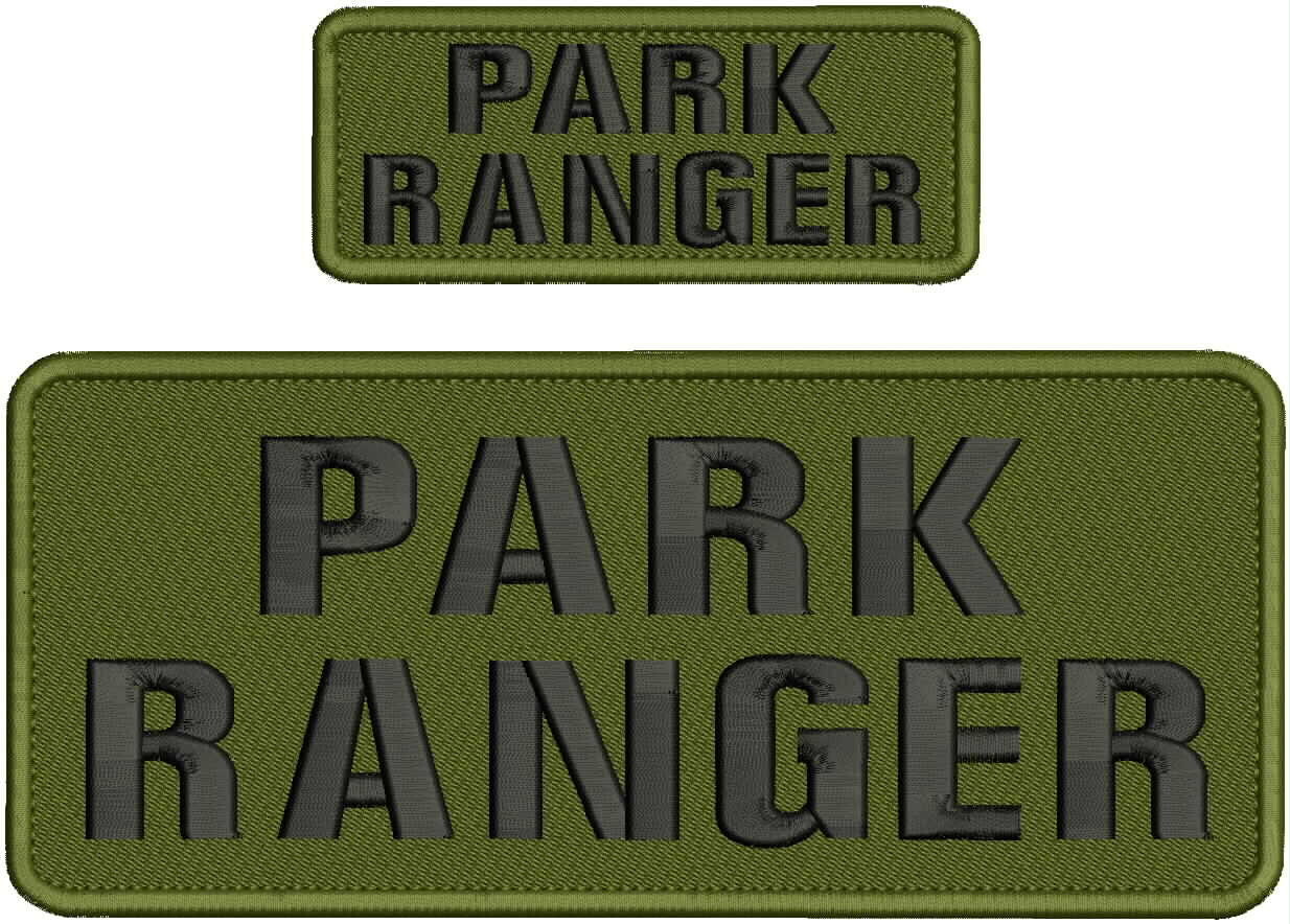PARK RANGER EMBROIDERY PATCH 4X10 AND 2X5 VELCR@ ON BACK BLACK ON OD GREEN