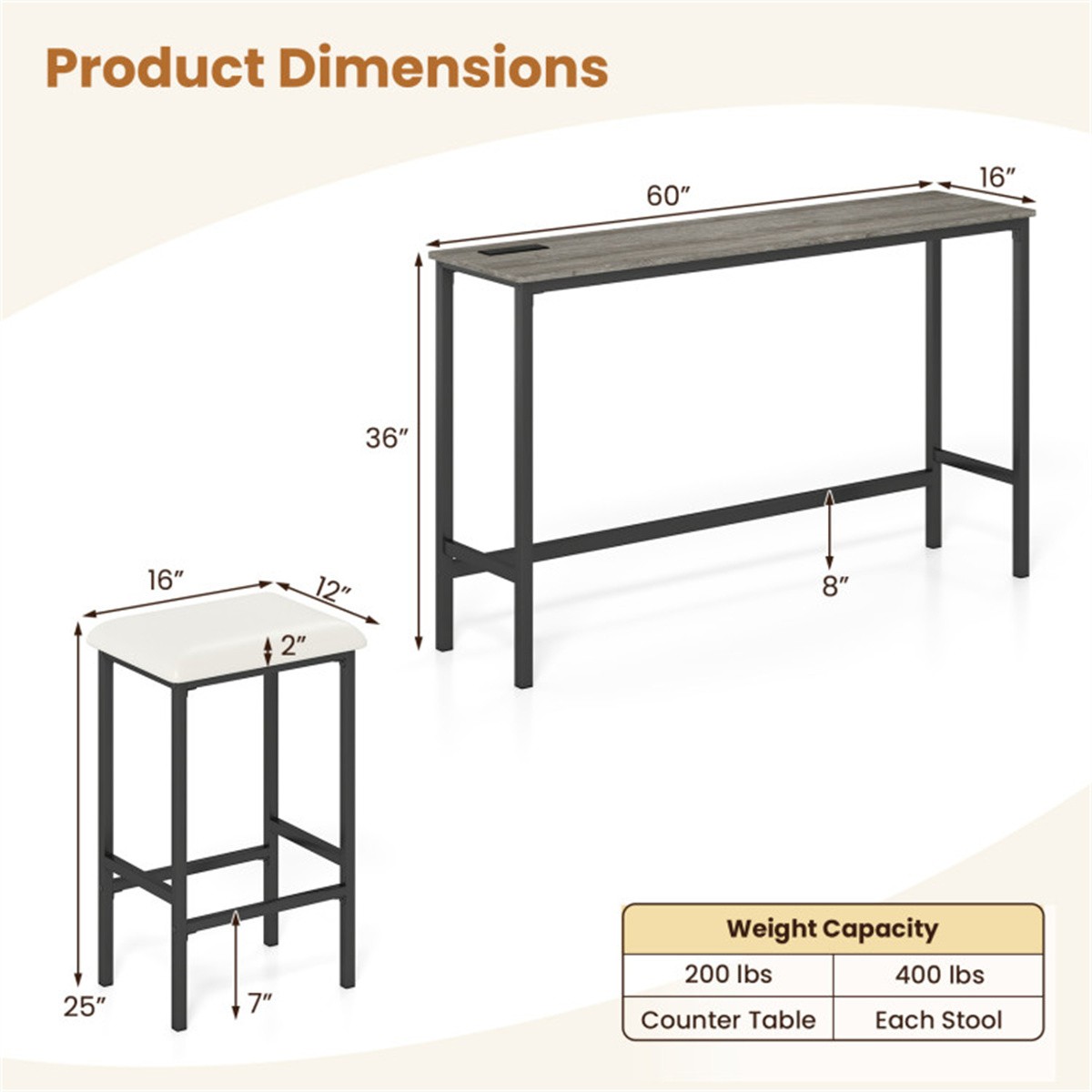 4 Piece Counter Height Bar Table Set with USB Ports Gray Pub Table with 3 Stools
