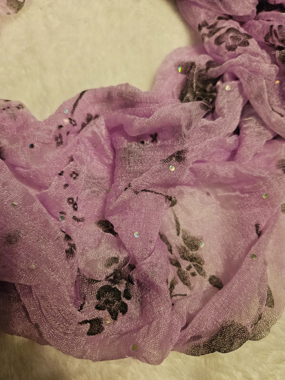 Pink/Lavender Sheer Scarf with Black Rose Print & Sparkle Accents – 70"x20" NWOT