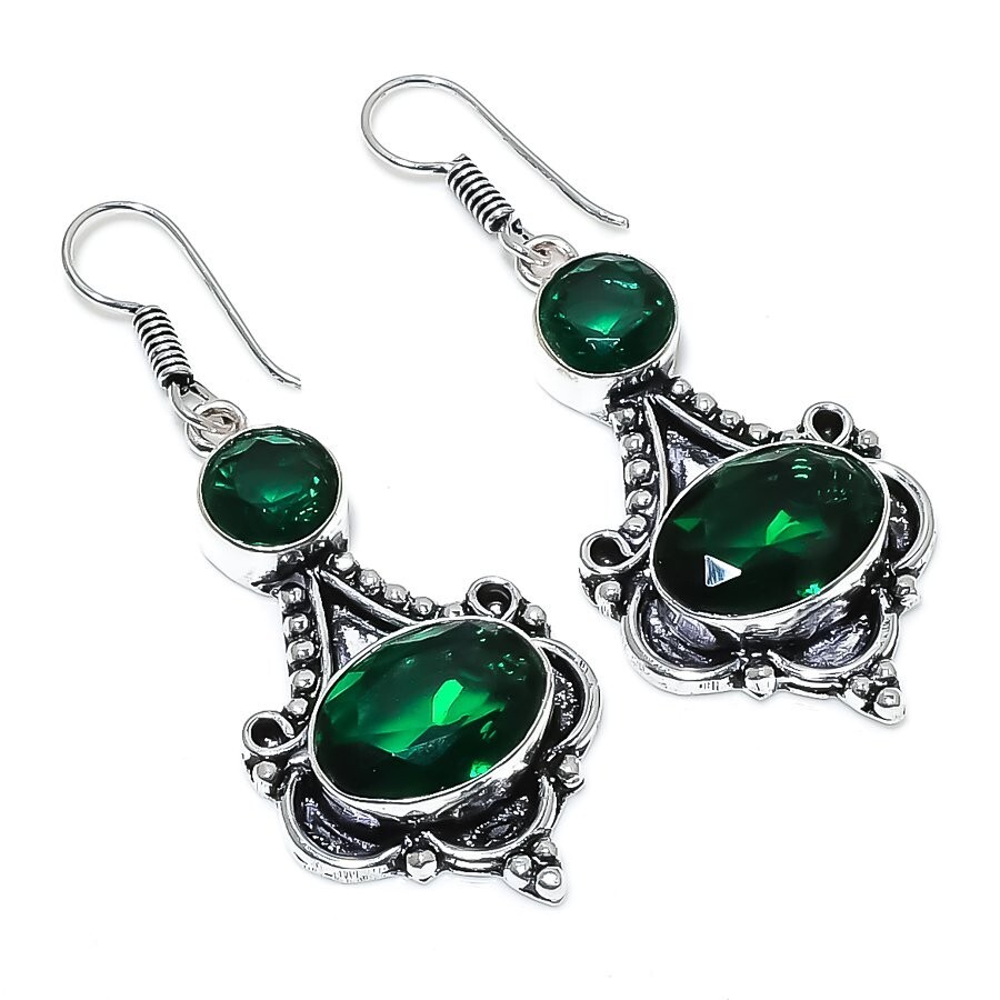 Chrome Diopside Gemstone Handmade 925 Sterling Silver Jewelry Earring Sz 1.6"