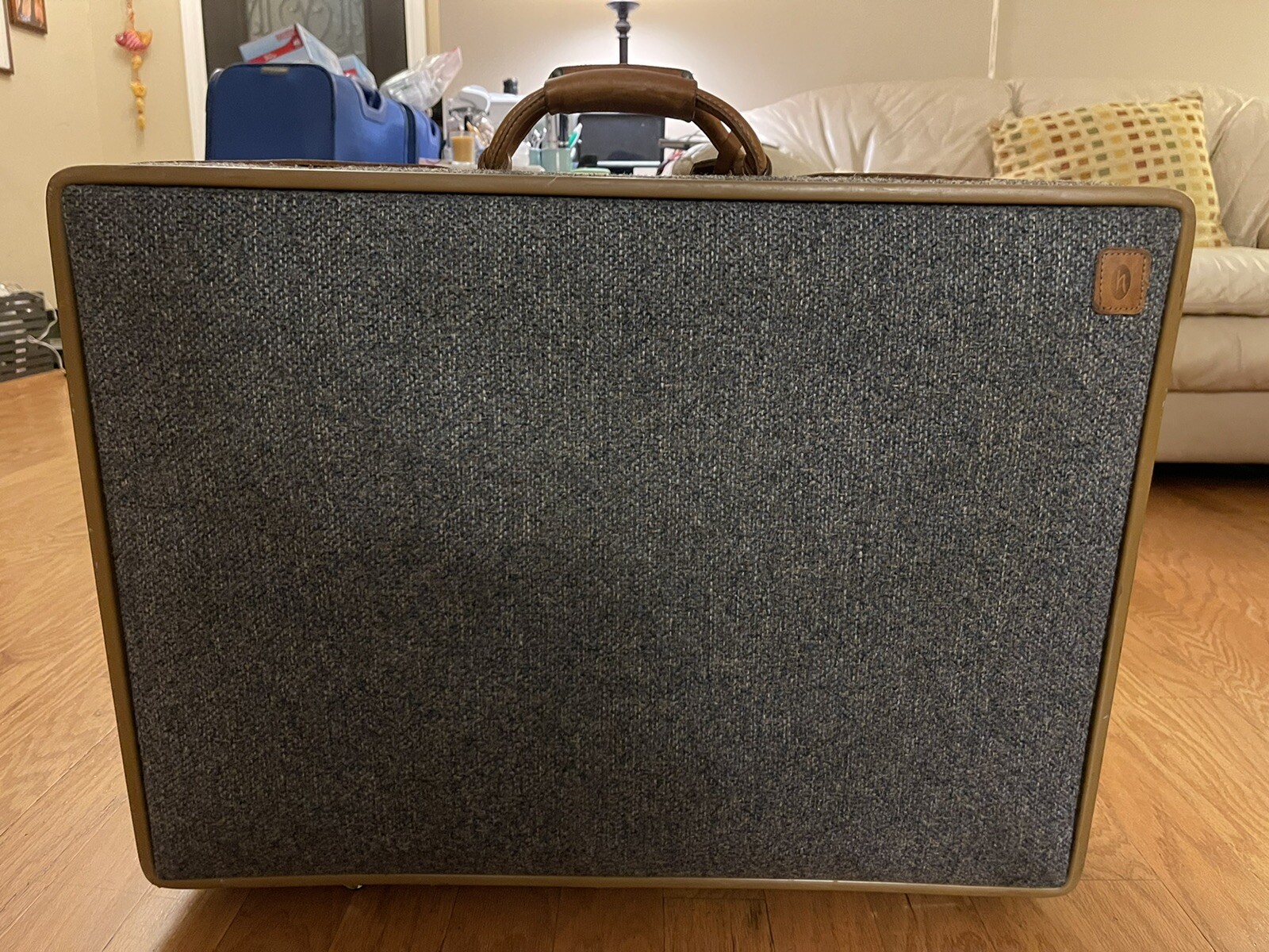 Vintage Hartmann Grey Tweed Brown Leather Suitcase Luggage 26”x19”x8”