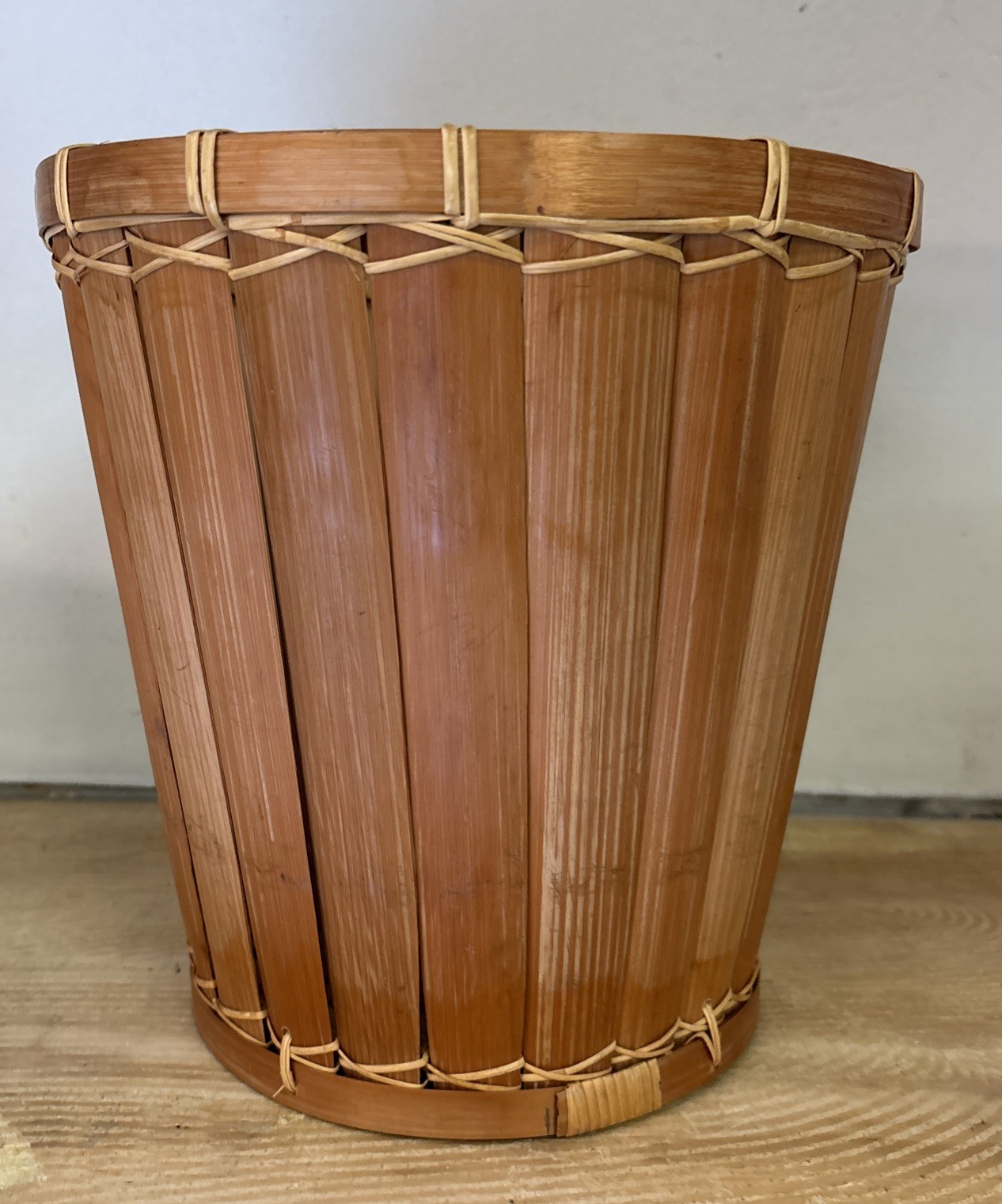 Vintage Natural Bamboo  Planter Or Wastebasket 10”