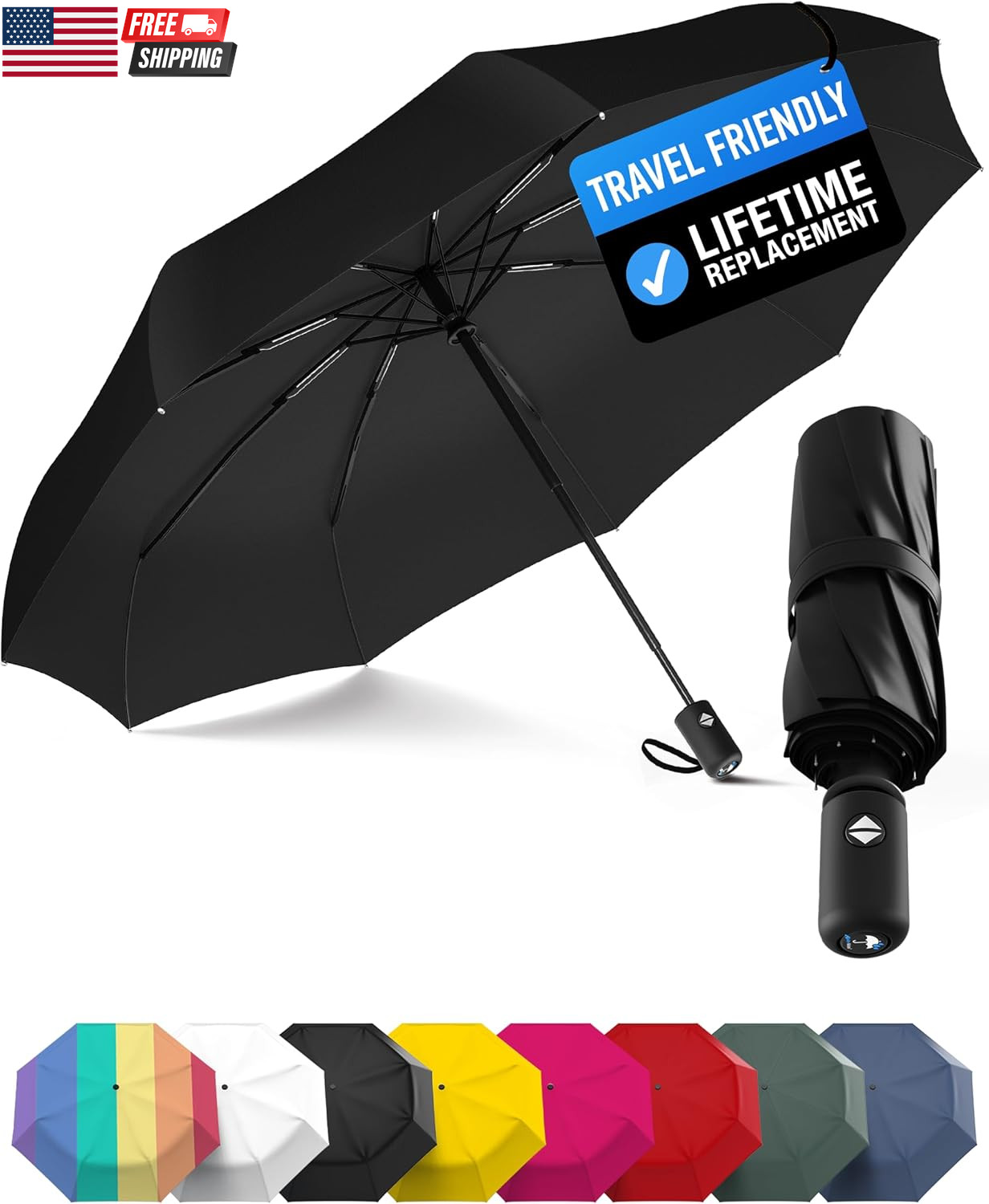 Windproof Compact Umbrellas for Rain - Strong Reinforced Fiberglass Rib Design &