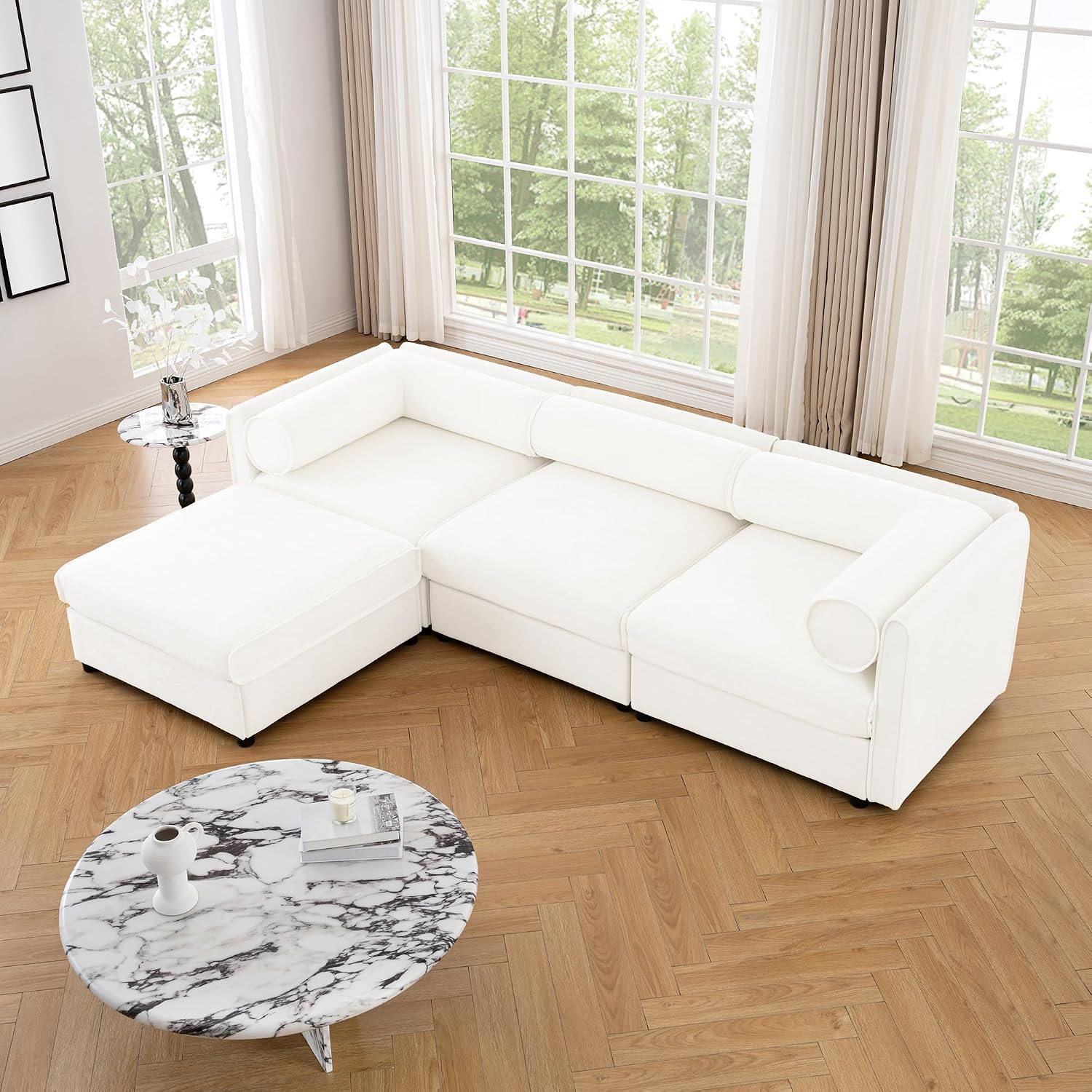109" L-Shaped Modular Chenille Sectional Sofa with Storage Seat, 1 Ottoman, Mode