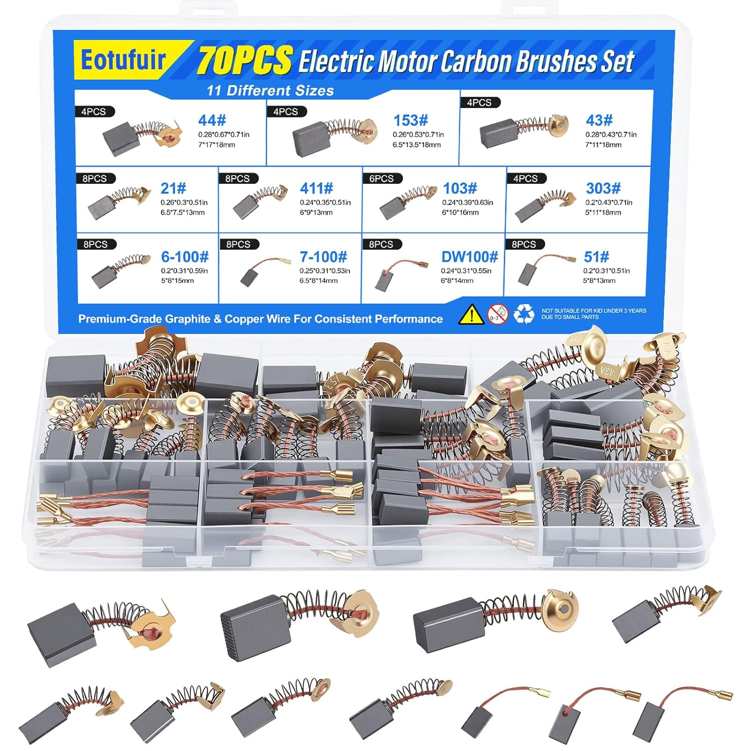 70PCS Electric Motor Carbon Brushes Set, 11 Assorted Sizes, Thicker Copper