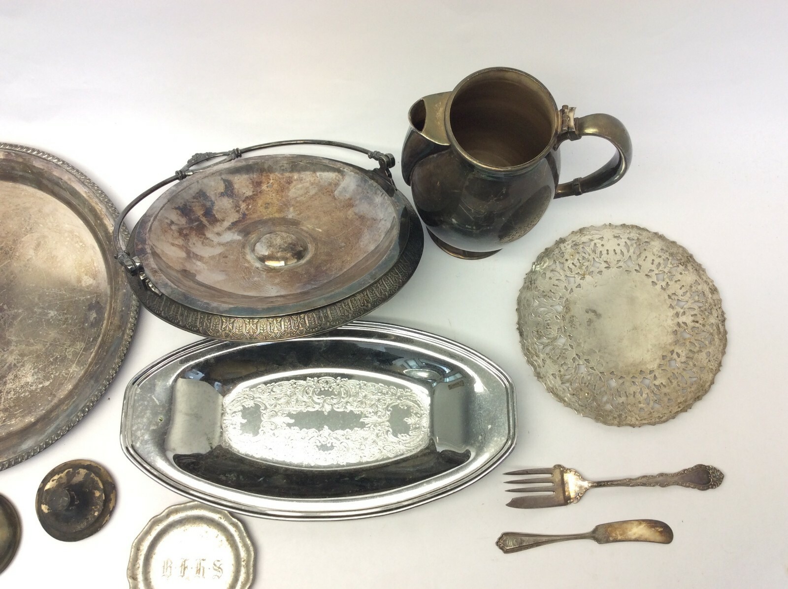 Mixed Vintage Lot Used Metal Silverplate Pewter Trays Pitcher Platters Parts