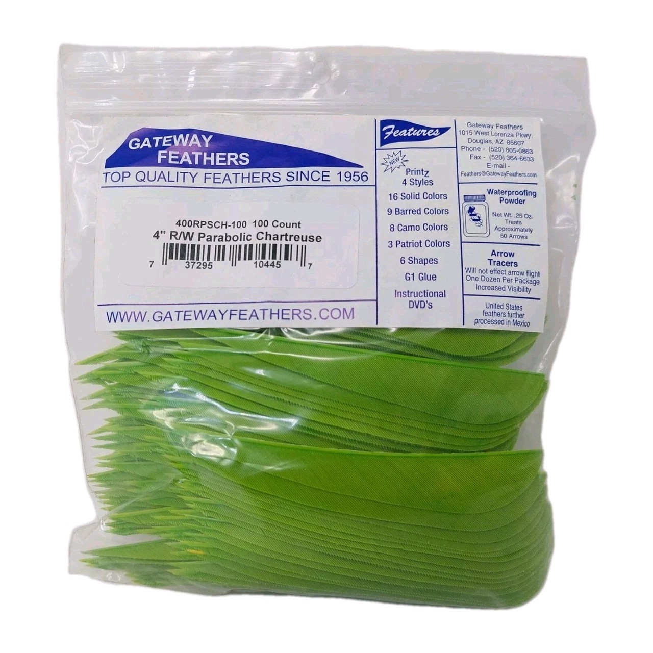 100 Pack Gateway Feathers 4" Right Wing: Parabolic Chartreuse Green 400RPSCH-100