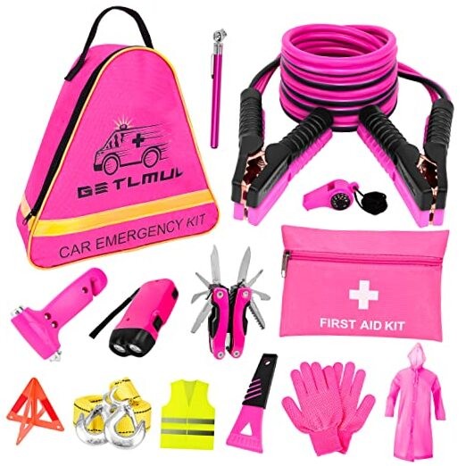 Pink Car Emergency Kit, Premium Roadside Emergency Car Accessories Kit with