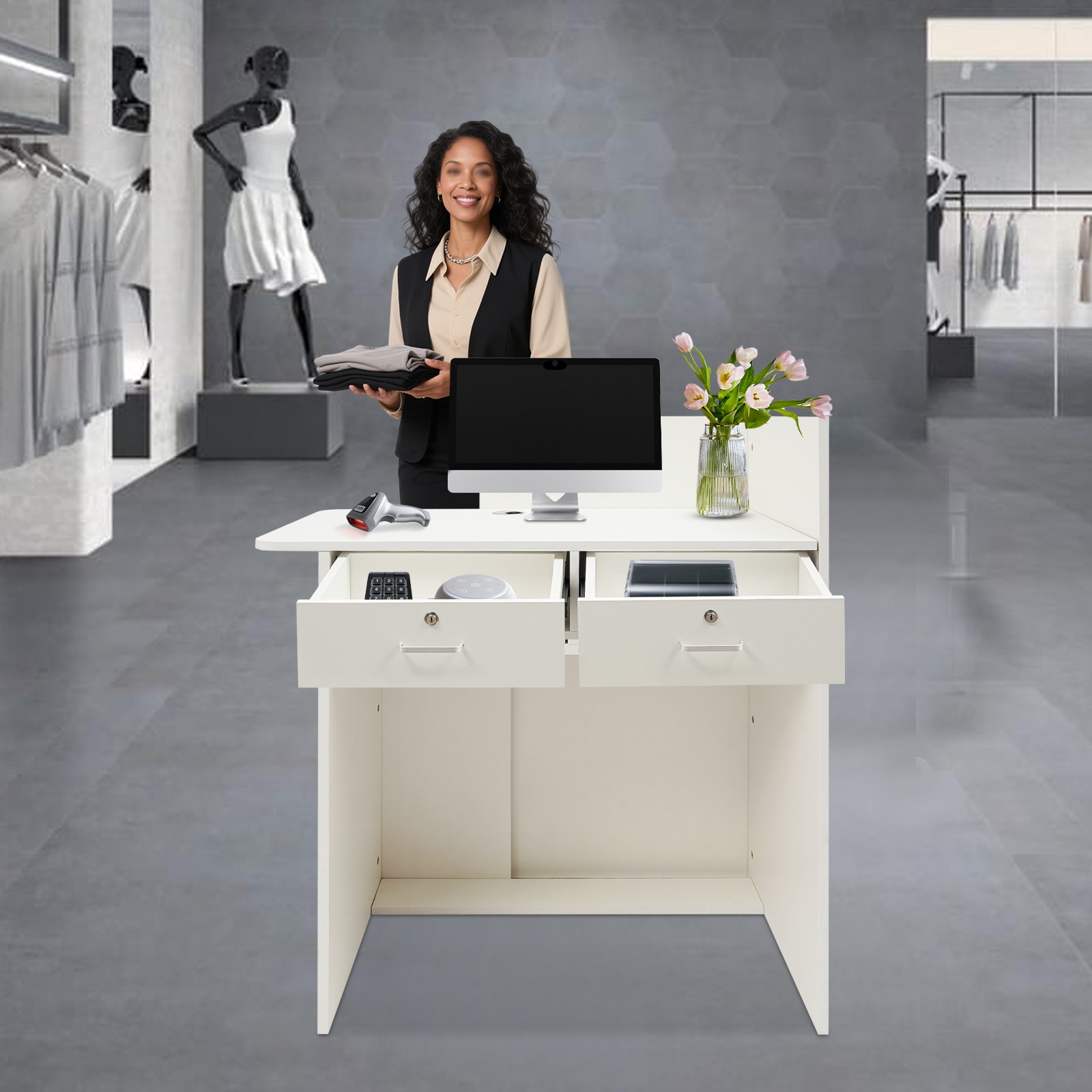 LED Reception Desk Front Cash Register Counter Desk With 2 Drawers w/LED Strip