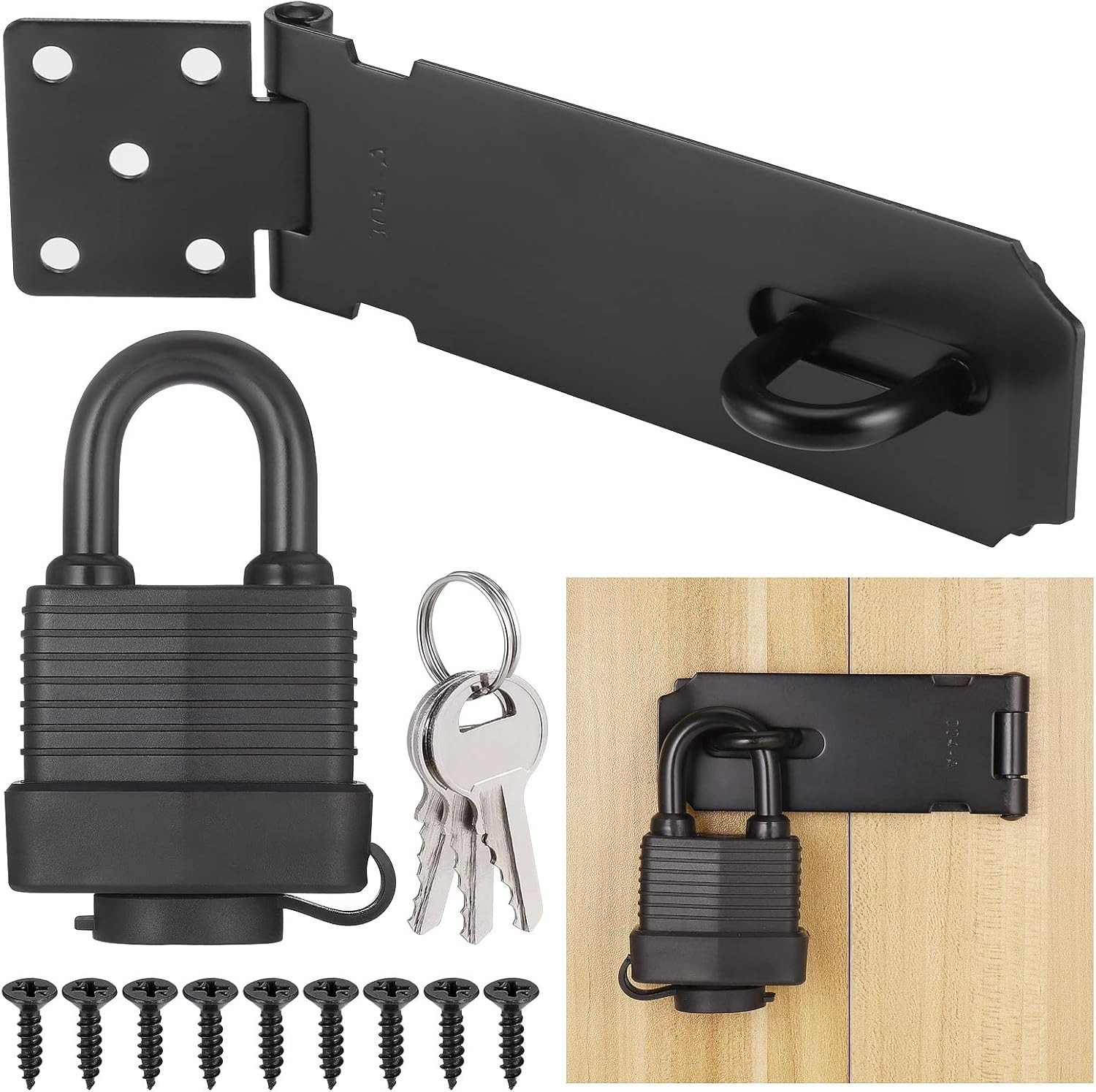 Padlock Latch Lock, 4Inch Stainless Steel Hasp Latch with Padlock Keys Screws, H