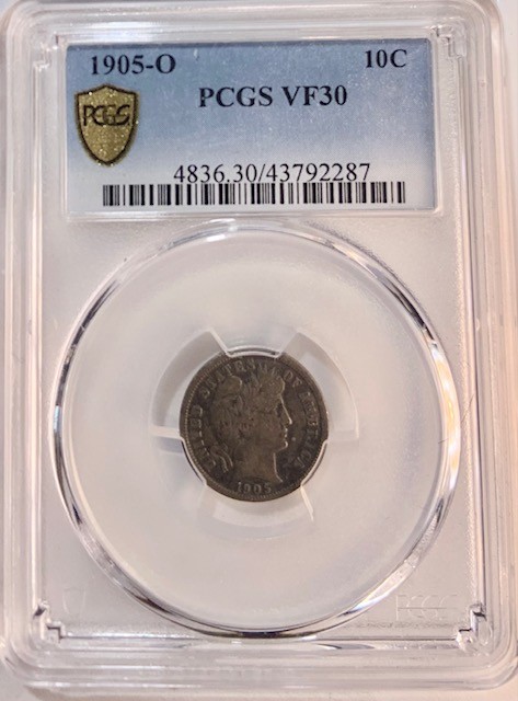 1905 New Orleans Barber Dime PCGS VF 30 - Even wear with excellent shading!