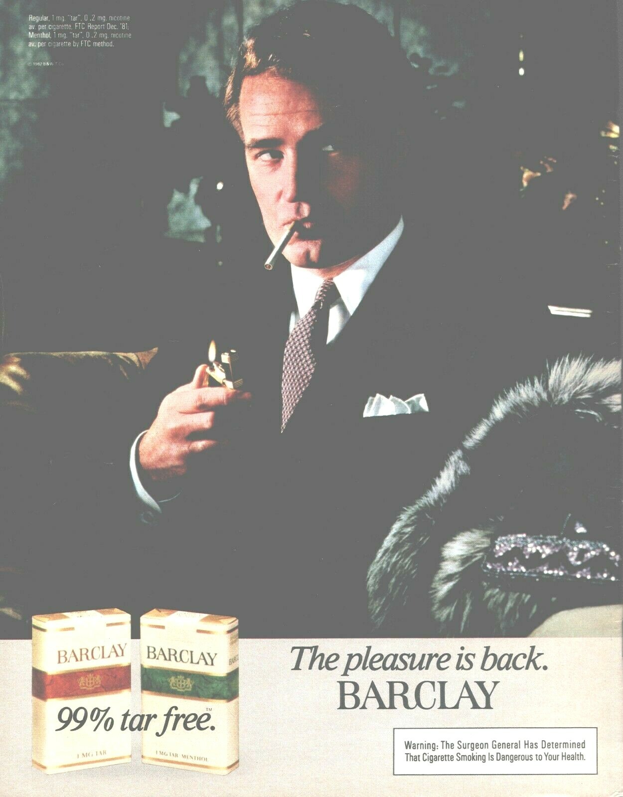 1982 Barclay Cigarettes Print Ad The Pleasure Is Back 99% Tar Free