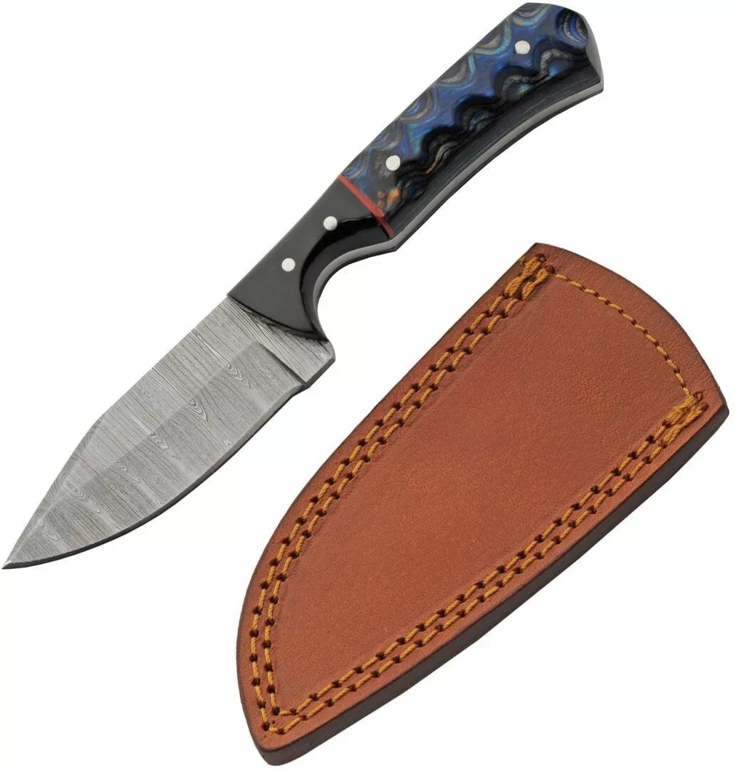 Damascus Fixed Knife 3" Damascus Steel Skinner Blade Black/Blue Pakkawood Handle