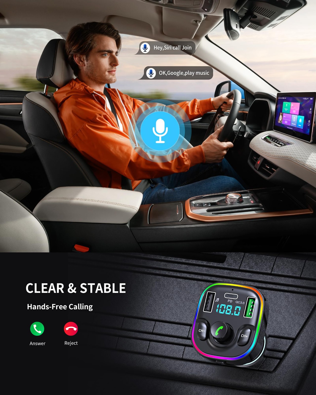 Bluetooth 5.4 FM Transmitter Car Adapter - Car Bluetooth Adapter with Fast Ch...