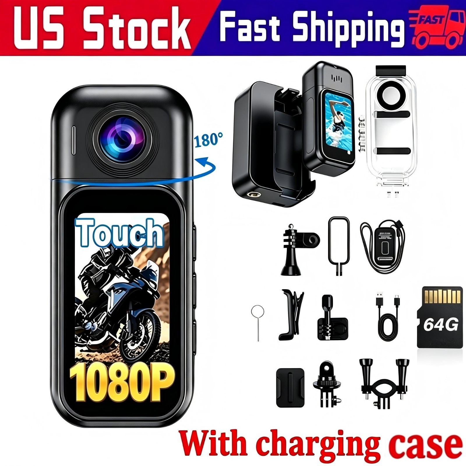 Action Camera WiFi Magnetic POV Thumb Camera 1.47" Screen Hands Free Body Cam