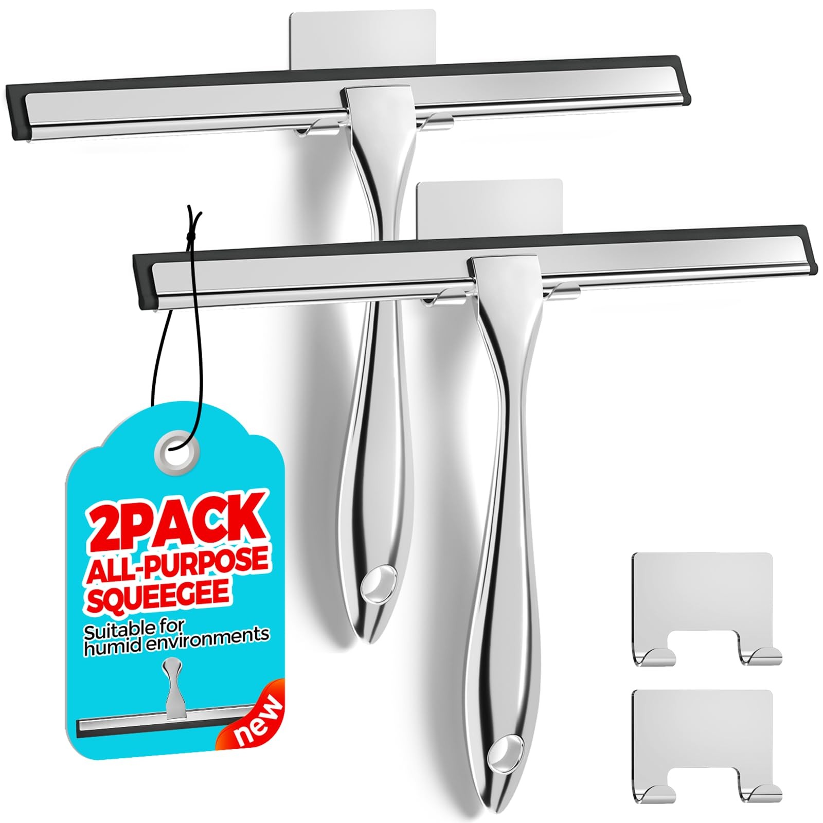 ALFLOD 2PACK Shower Squeegee for Glass Doors, 10 Inch, Silver