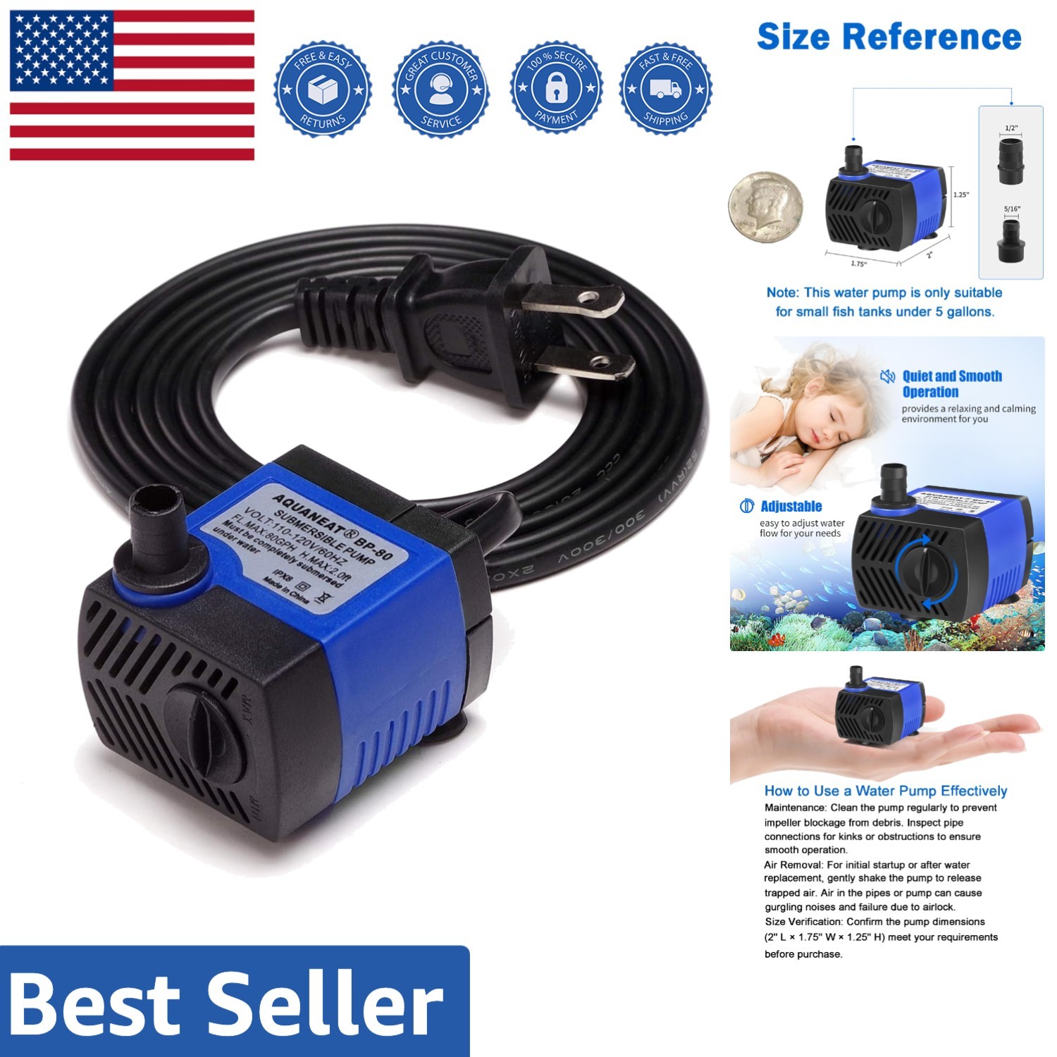 Efficient 80 GPH Submersible Water Pump - Perfect for Small Aquatic Systems