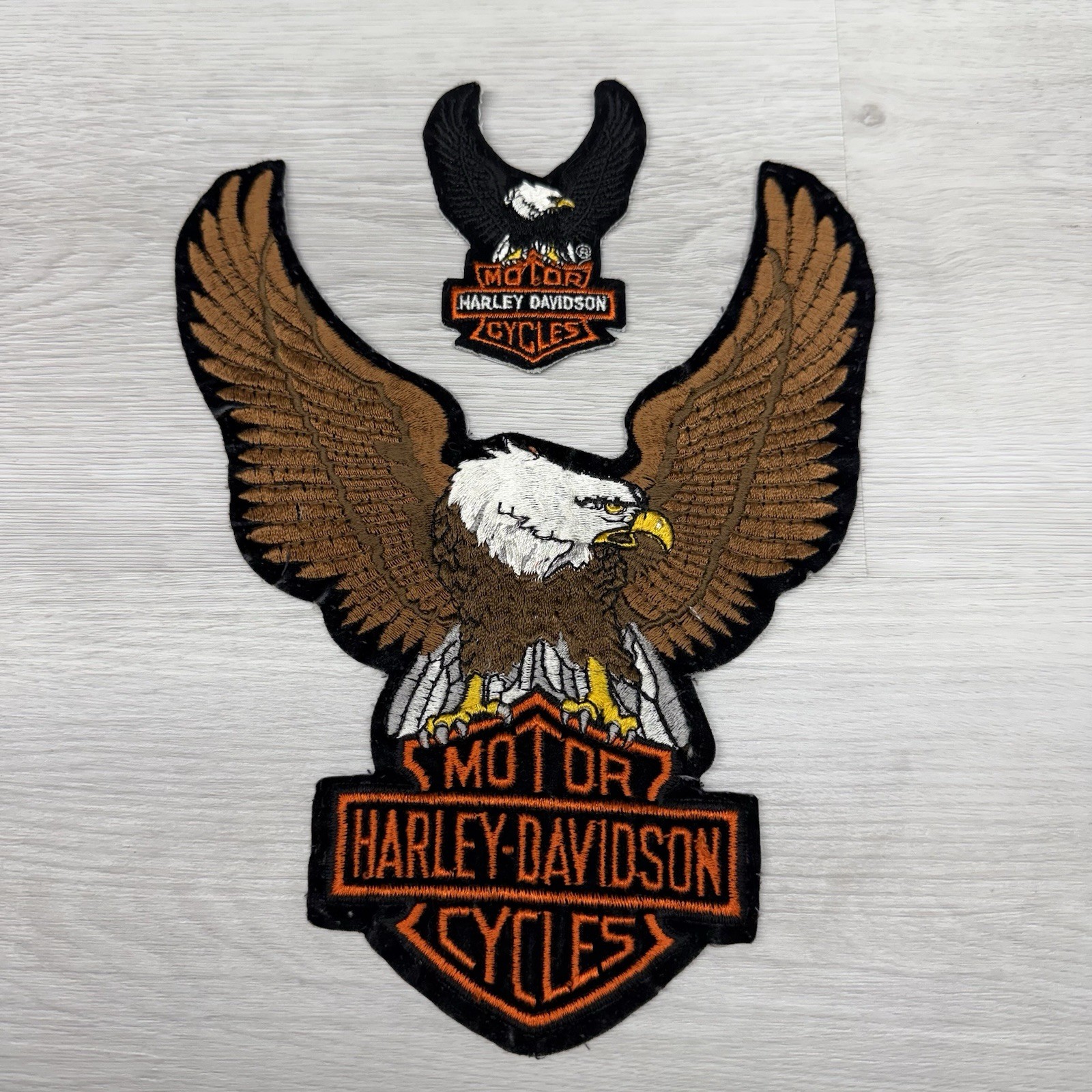 VTG 2 HARLEY-DAVIDSON Bar & Shield & Eagle with Spread Wings Patches 9.5" & 3.5”