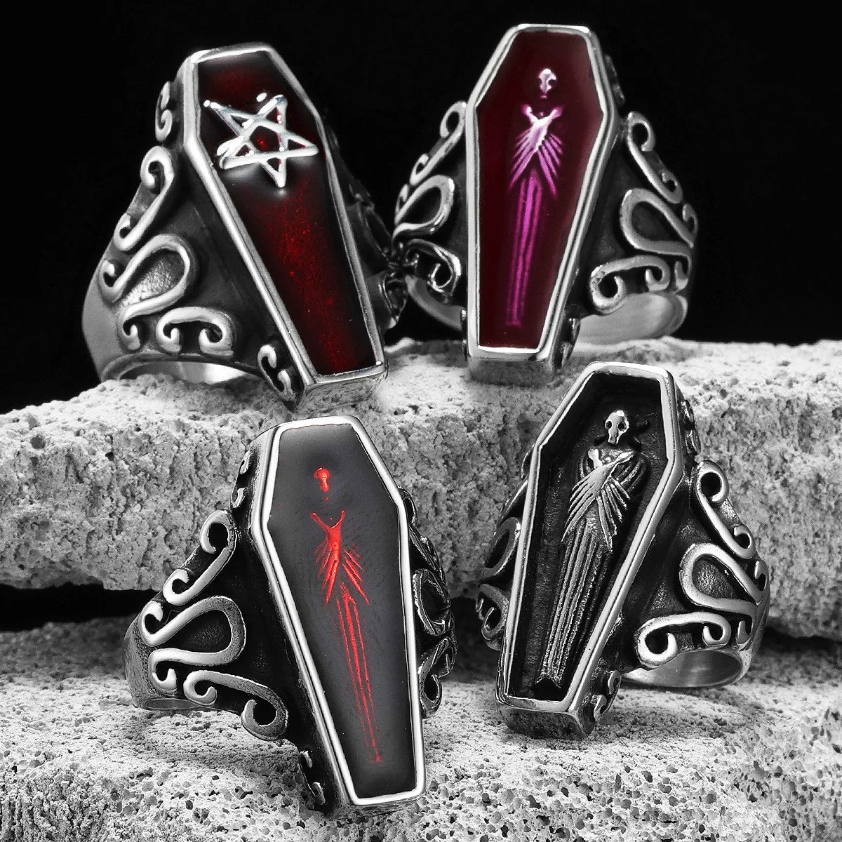 🔥 Gothic Mummy Vampire Coffin Ring Stainless Steel Punk Rock Jewelry Free UK