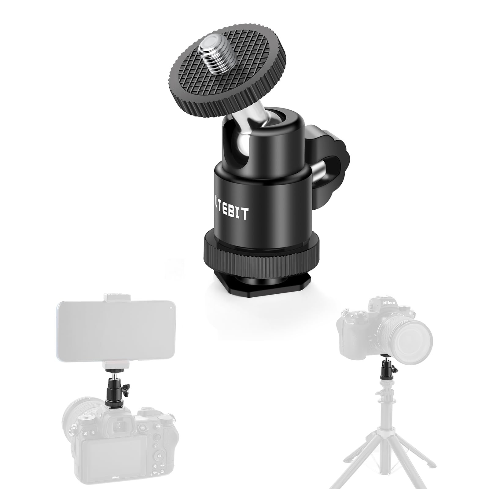 UTEBIT 2 Pack Universal 1/4" Swivel Mini Ball Head 12MM BALL-2PACK, Black