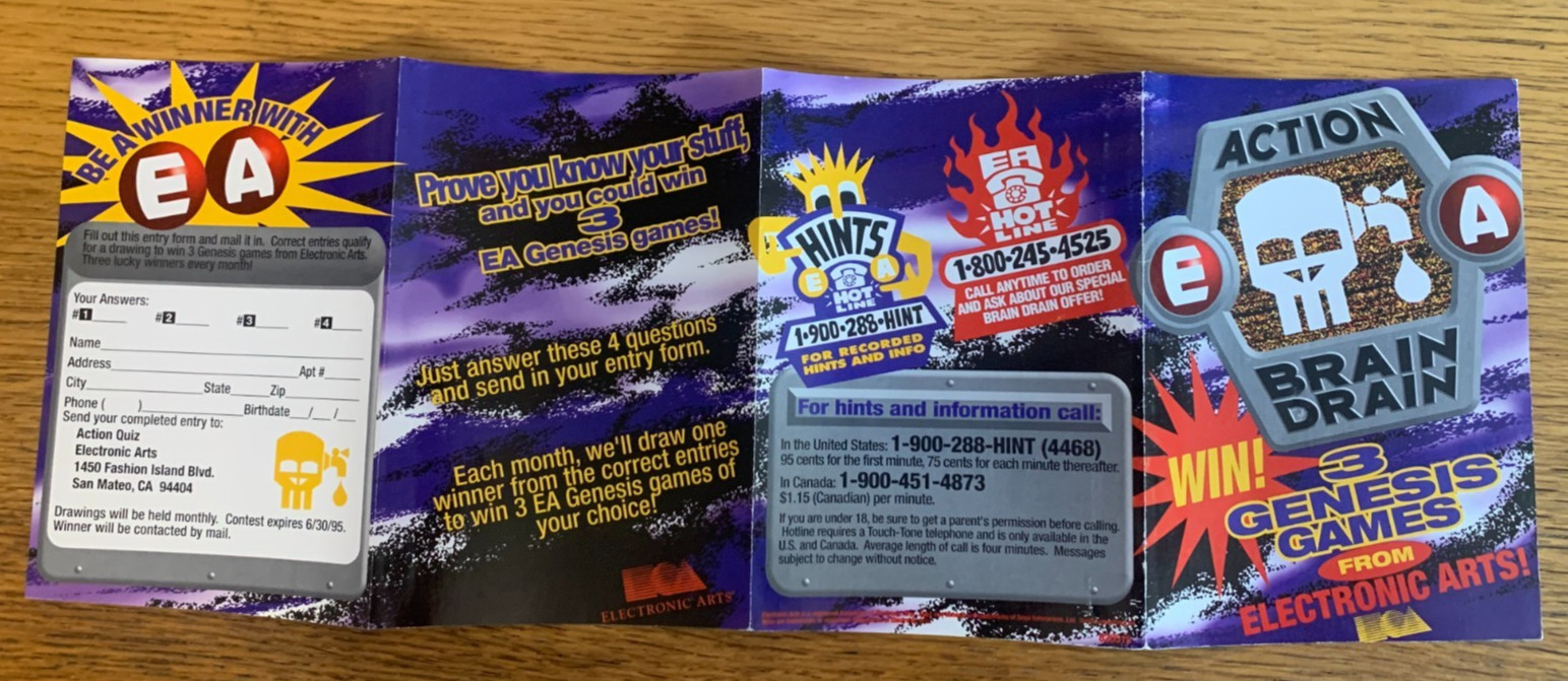 Sega Genesis Action Brain Drain Electronic Arts EA Mail in Contest INSERT ONLY